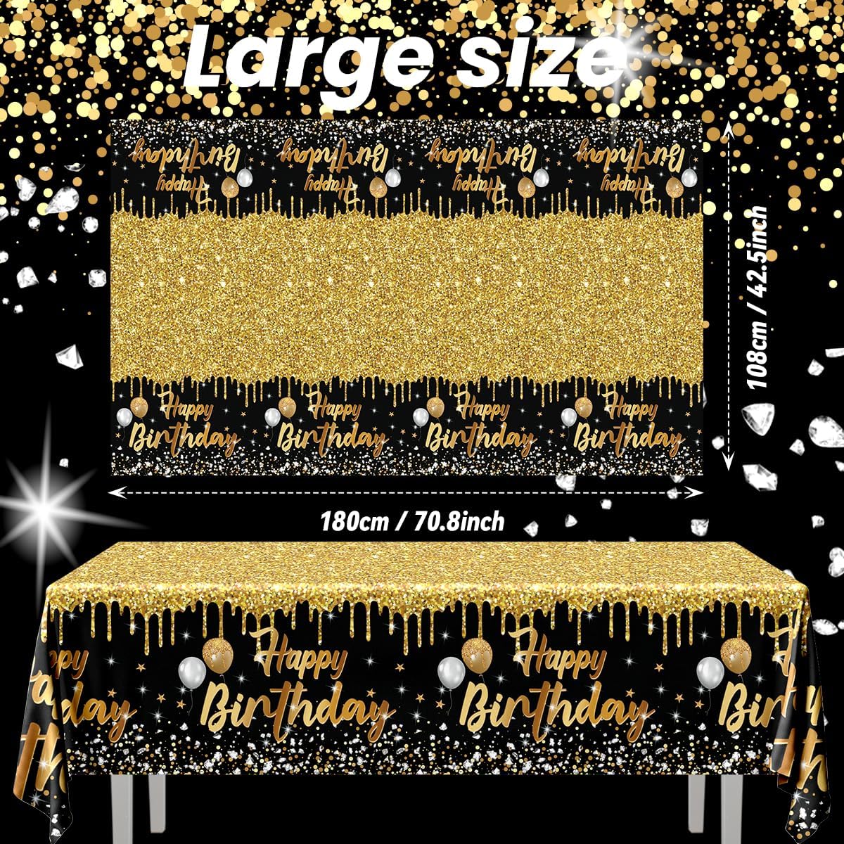 Happy Birthday Tablecloths 3pcs Black and Gold Glitter