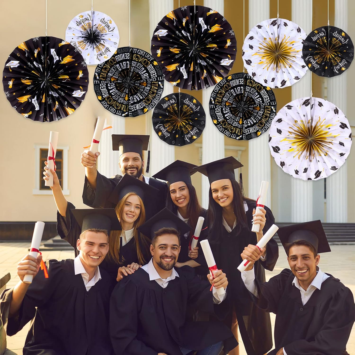 Outus 9 Pcs Graduation Party Decorations Black and Gold Fans