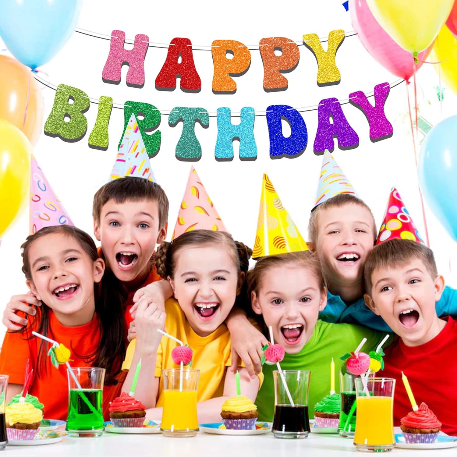 Pre-Strung Rainbow Happy Birthday Banner - Glitter Garland Decor