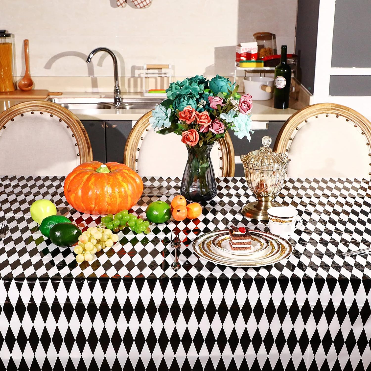 Irenare Black and White Checkered Tablecloths 3 Piece Set