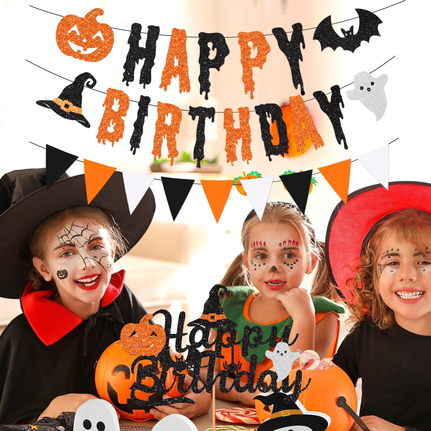 Glitter Halloween Birthday Banner with Cake Toppers