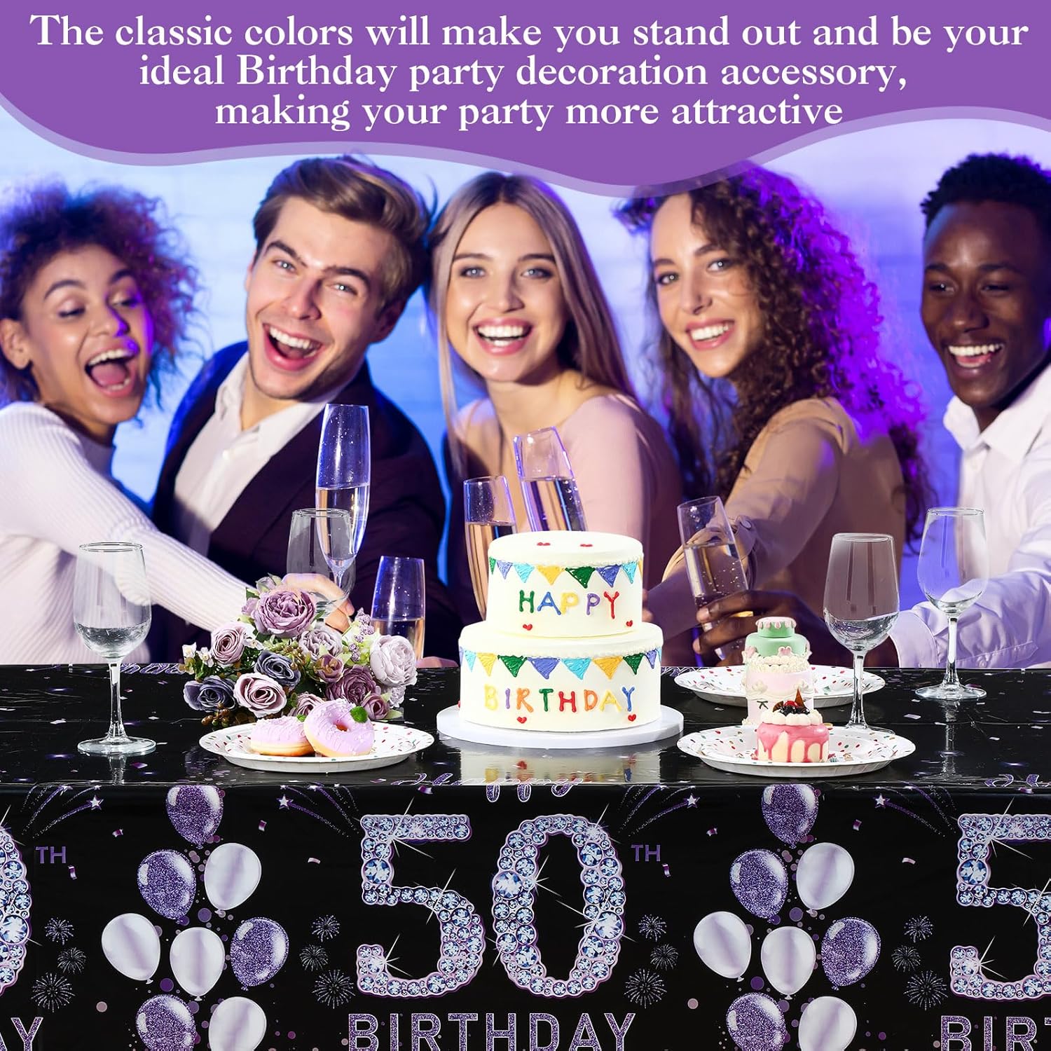 Ganeen 3 Pack Birthday Tablecloth Purple Black 50th Birthday Decorations