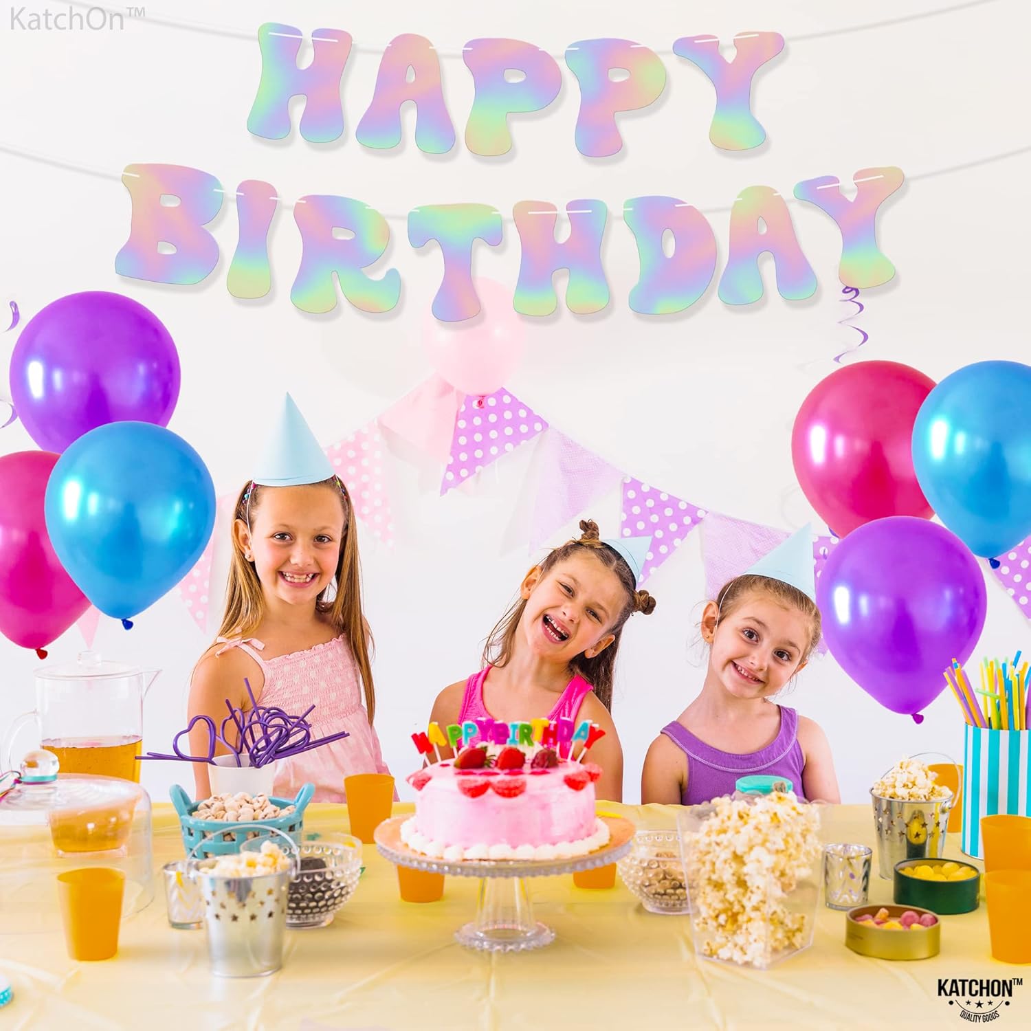 KatchOn Iridescent Happy Birthday Banner - 10 Feet Prestrung