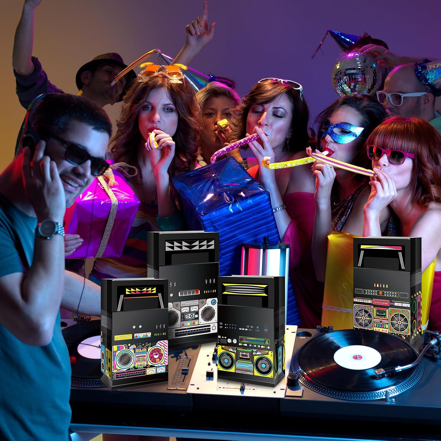 Nezyo 24 Piece 80s 90s Party Favor Bags with Retro Boombox Designs