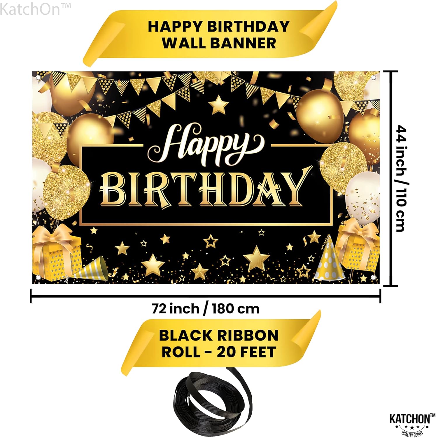 KatchOn Happy Birthday Banner Black and Gold Large 72x44 Inch