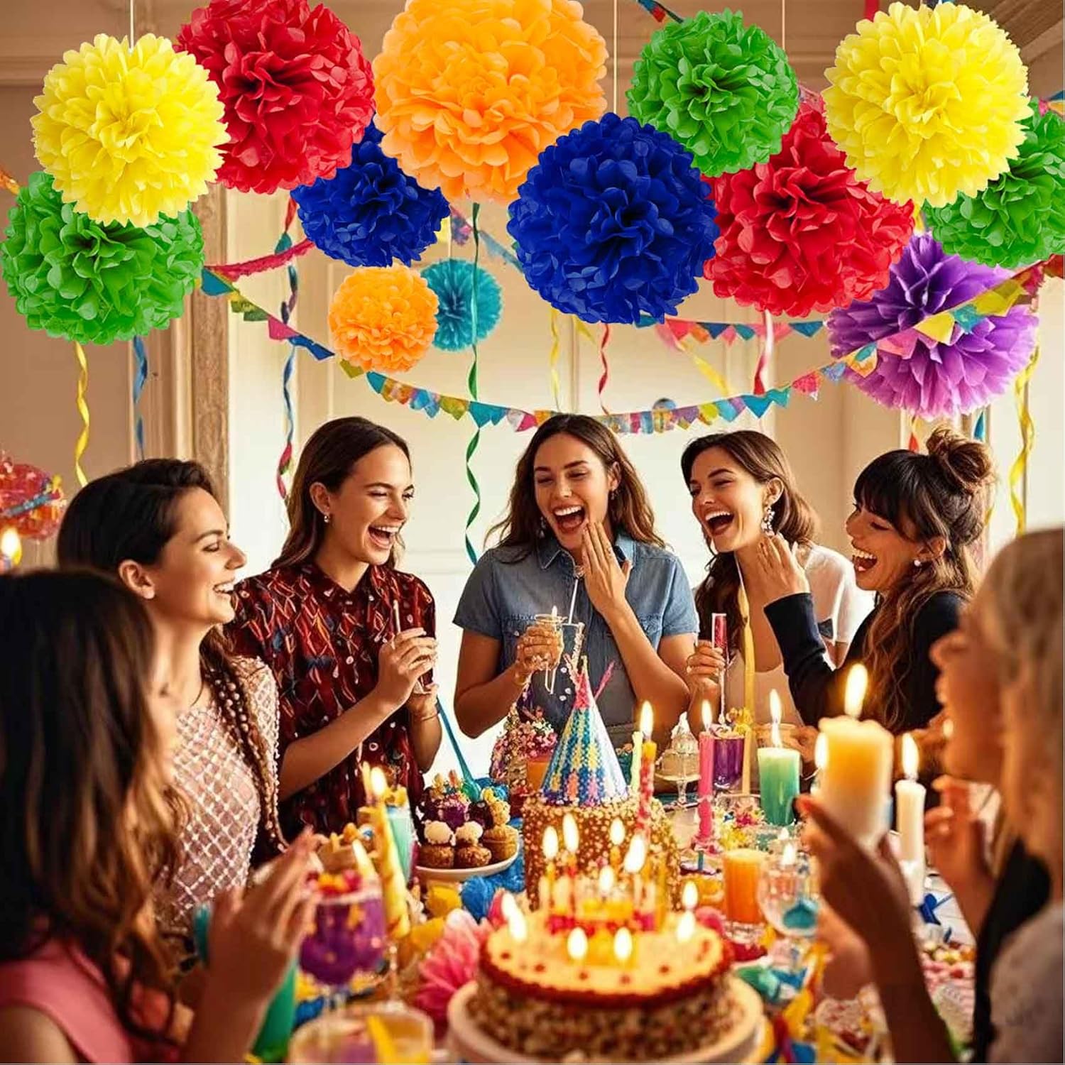 Rainbow Tissue Paper Pom Poms 12 Pcs Party Decor Set