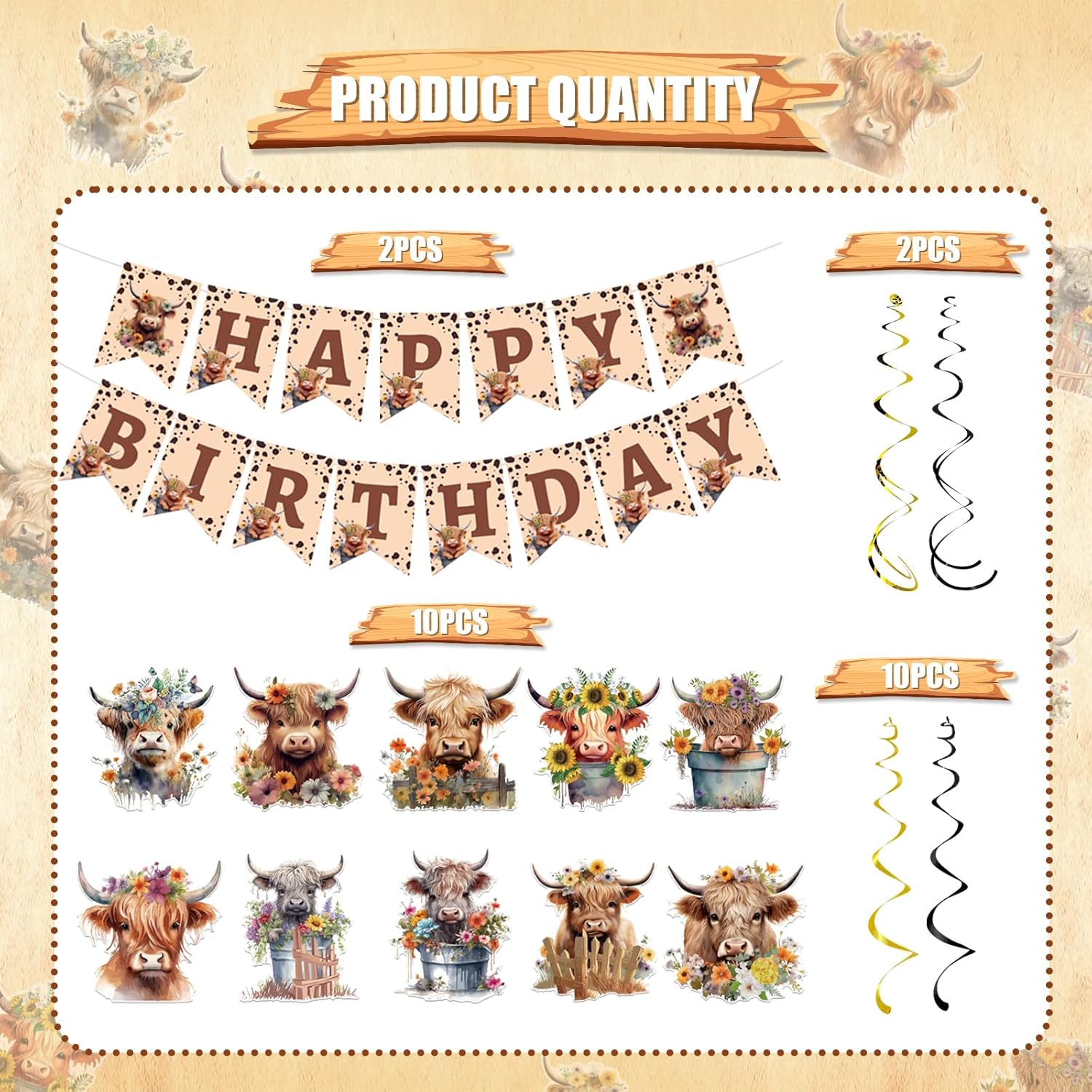 Highland Cow Birthday Decorations 16PCS Banners Hanging Swirls