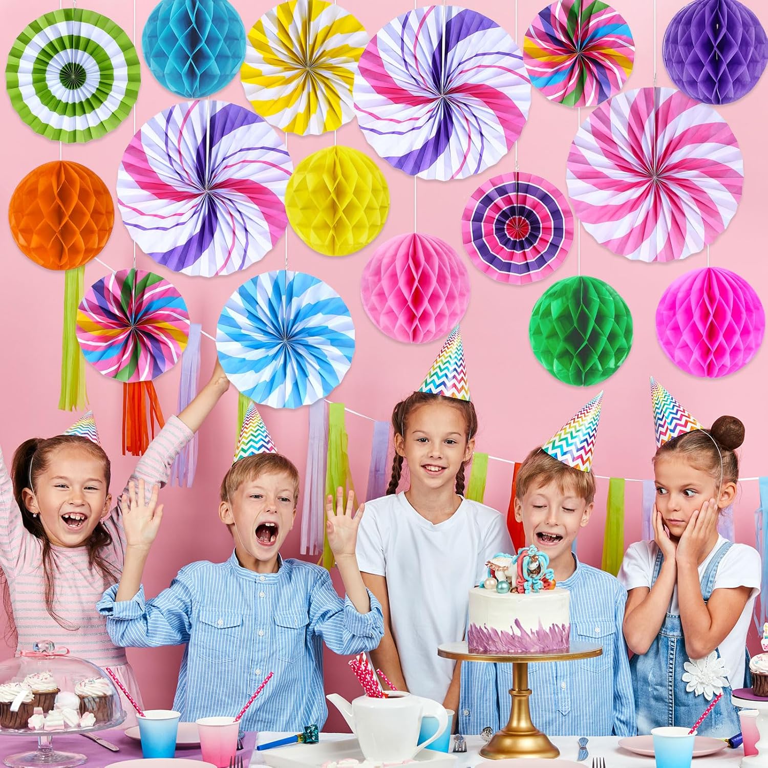 Outus 21 Pcs Candyland Party Decorations Hanging Fans Pom Poms