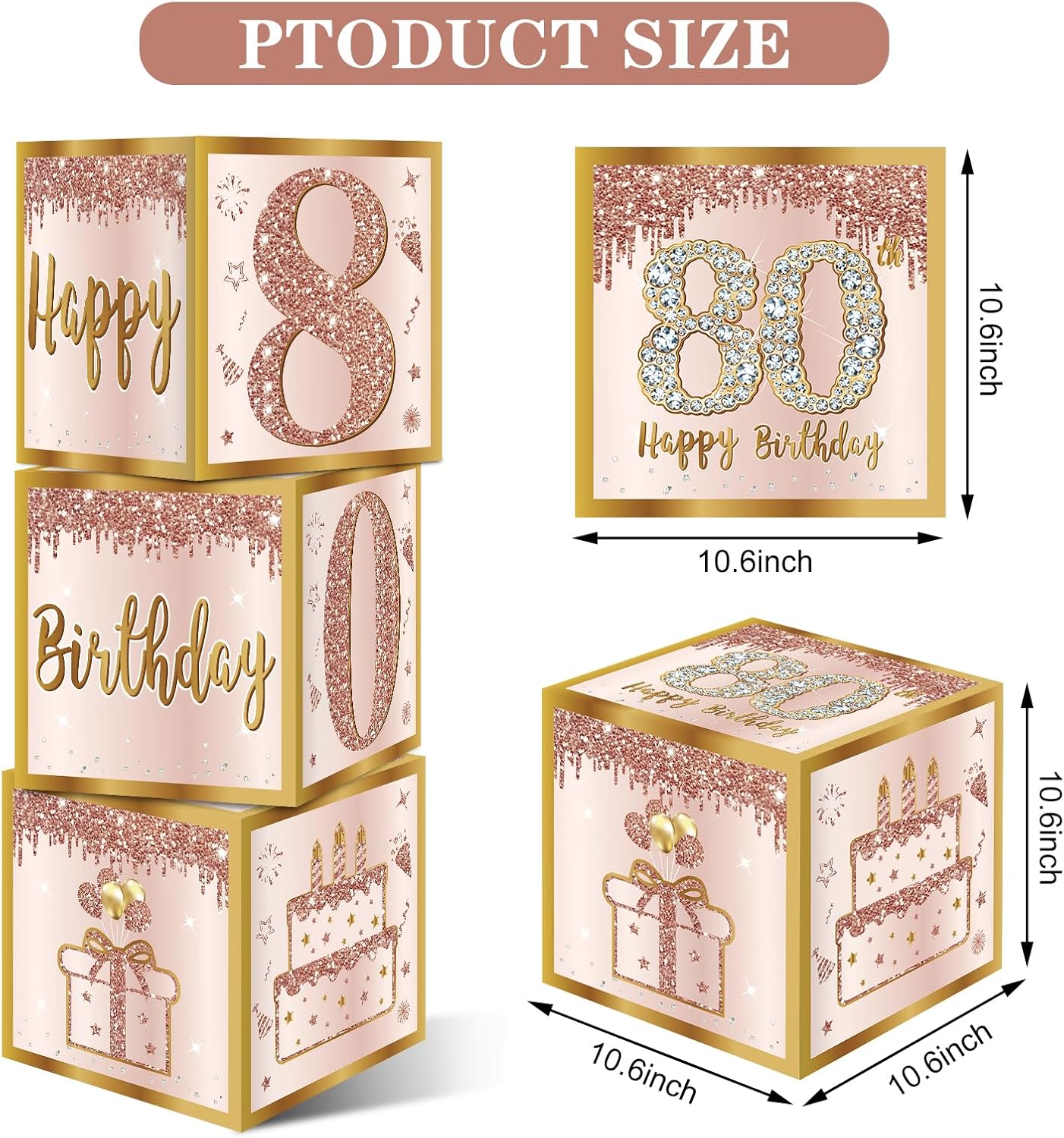 3Pcs Pink Rose Gold 80th Birthday Balloon Boxes Party Decor