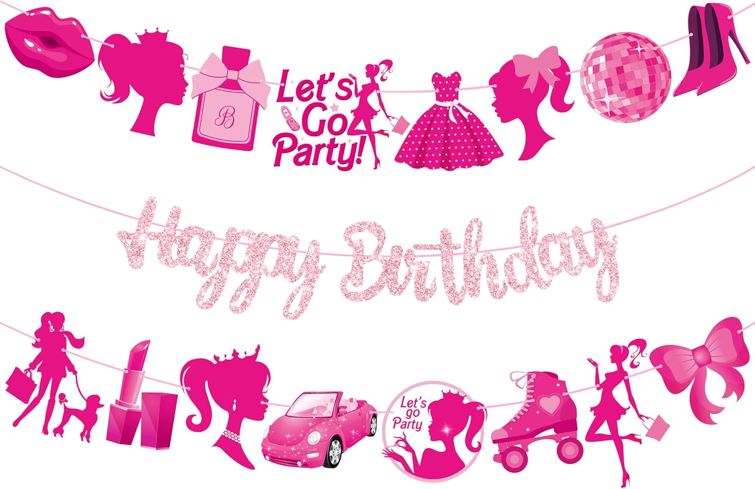 3 Pcs Hot Pink Girl Birthday Banners Decorations
