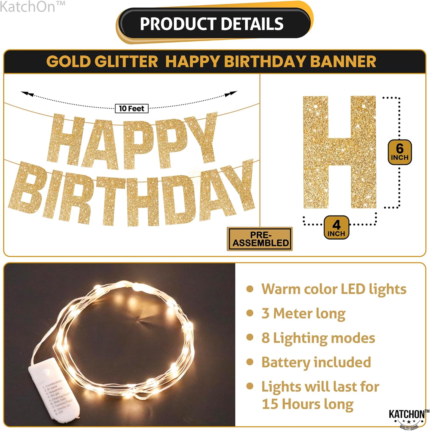 Glowing Happy Birthday Banner 10 Feet 8 Modes