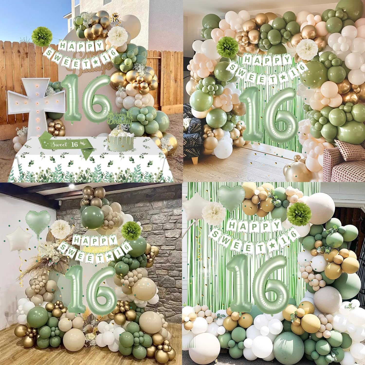 Sweet 16 Birthday Decorations Set Green Gold