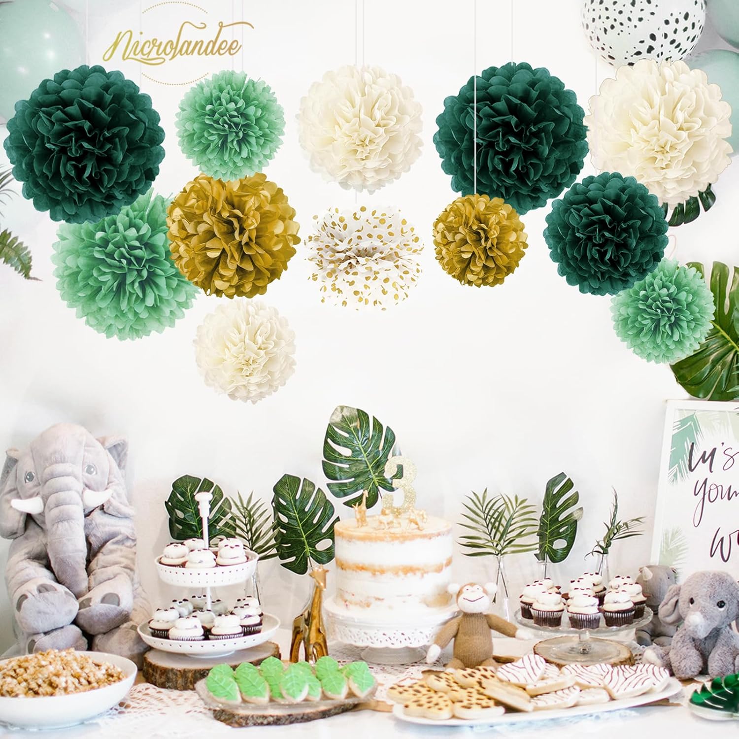 NICROLANDEE Green Tissue Pom Poms - 12PCS for Weddings and Parties