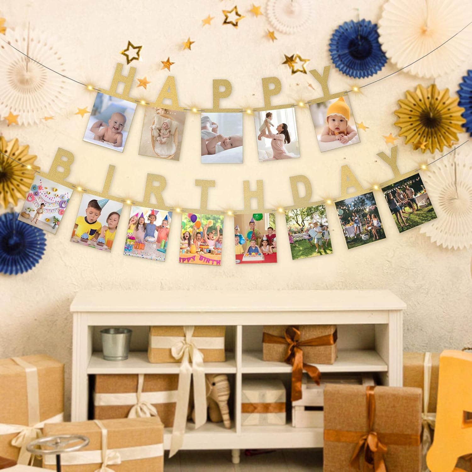 Birthday Photo Banner with Fairy Lights for Party Decorations
