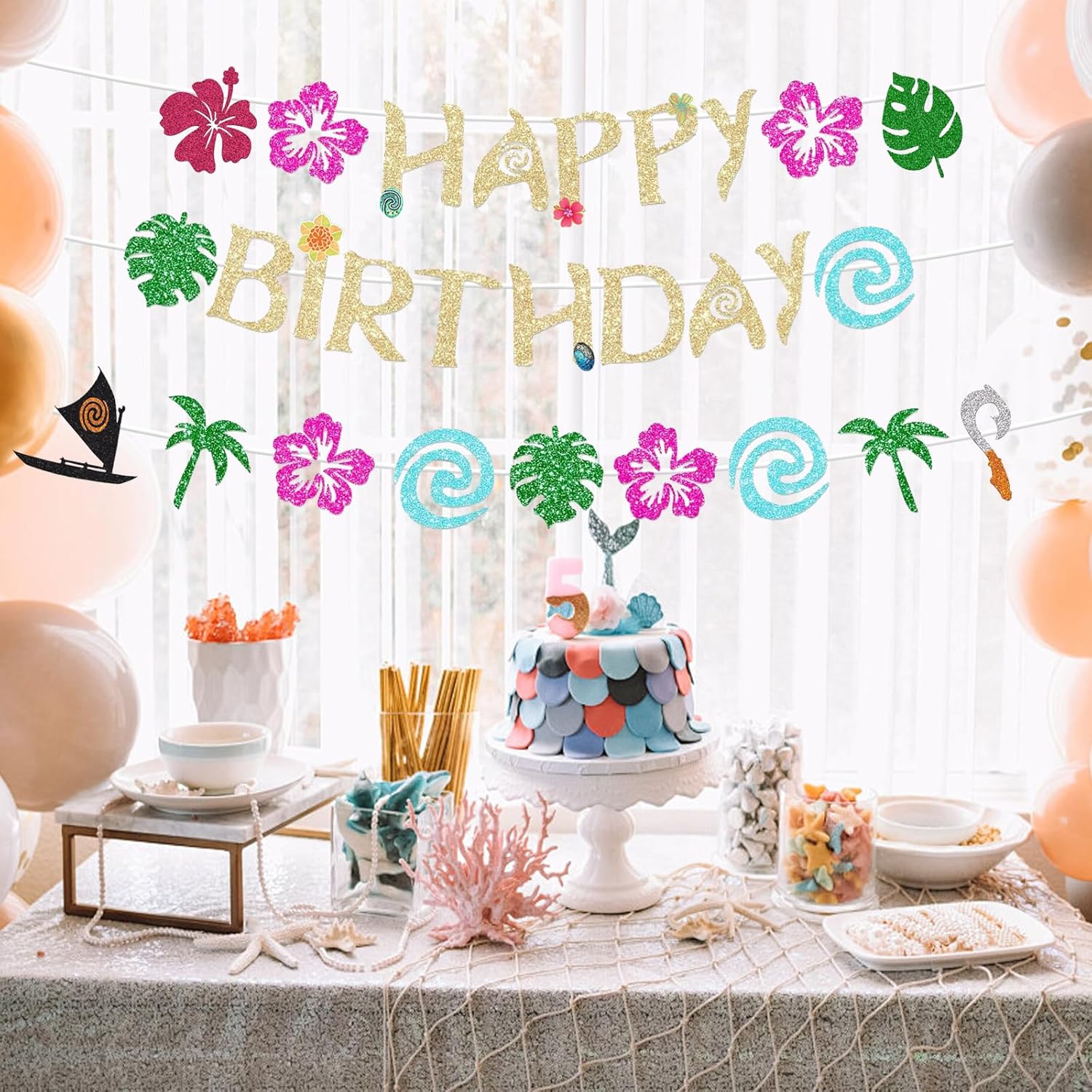 Hawaiian Happy Birthday Banner - Glittery Gold Party Decor