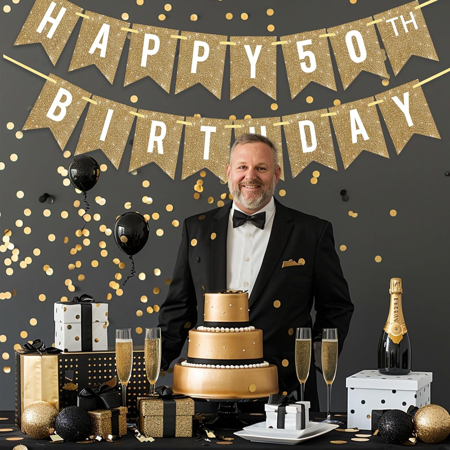 Gold Glitter Happy 50th Birthday Banner 12ft