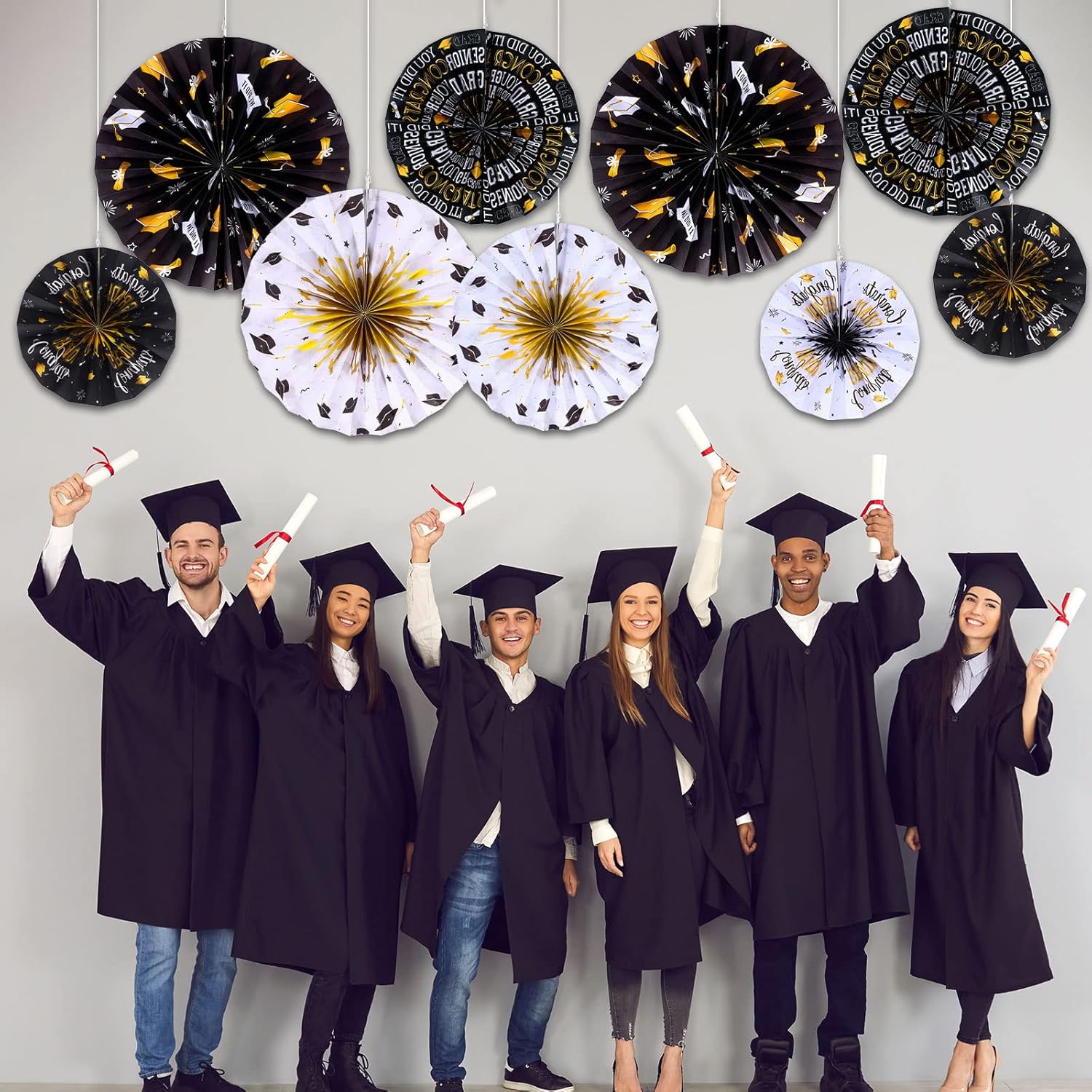 Outus 9 Pcs Graduation Party Decorations Black and Gold Fans