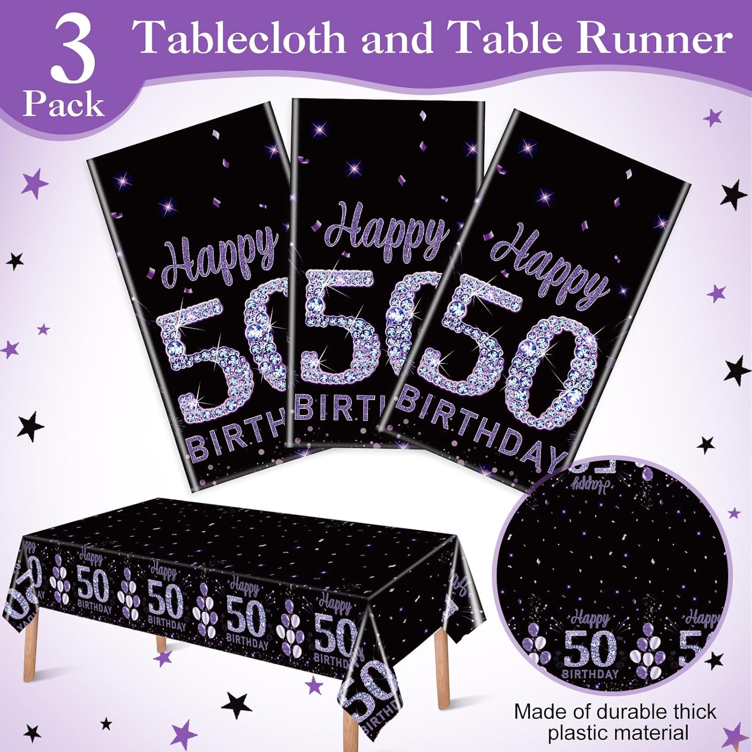 Ganeen 3 Pack Birthday Tablecloth Purple Black 50th Birthday Decorations