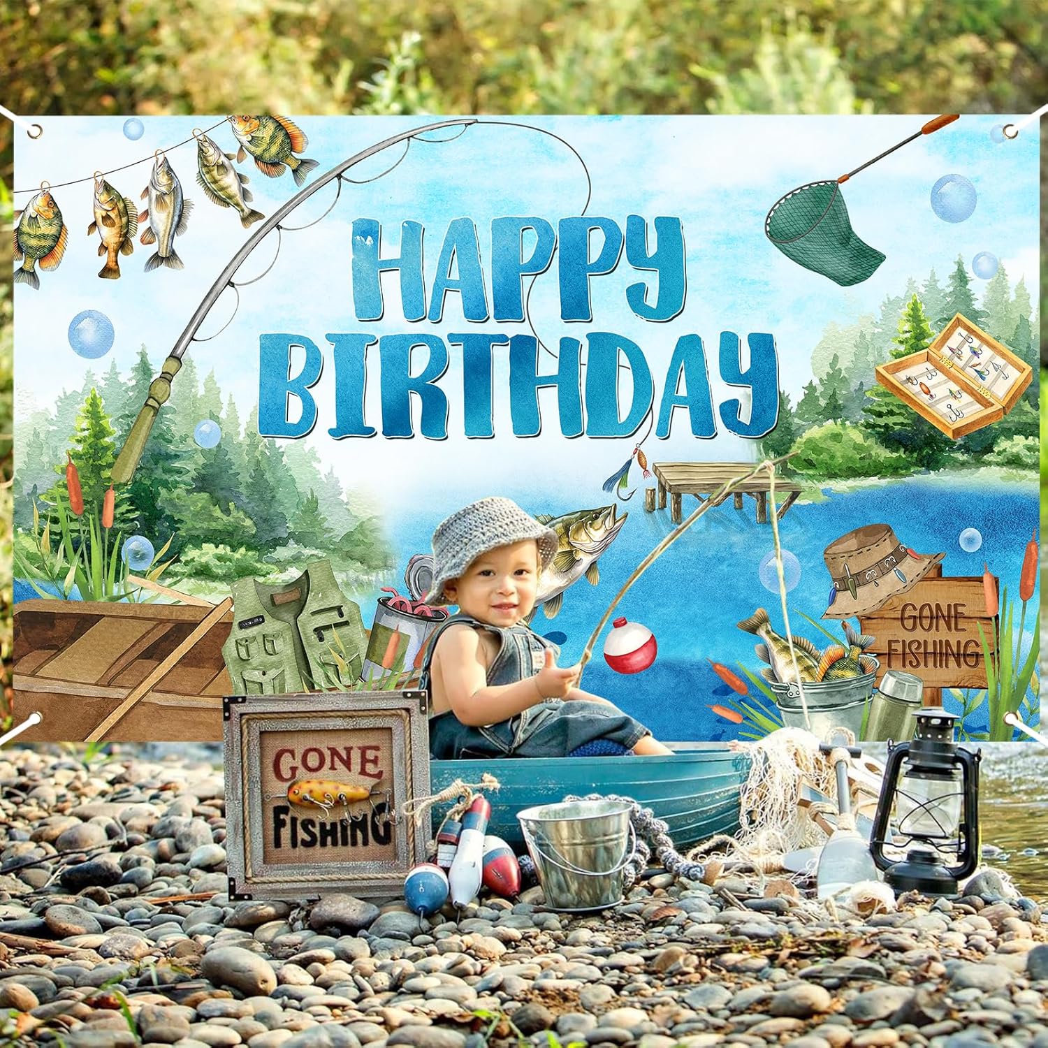 Avezano Gone Fishing Happy Birthday Banner 6x36ft