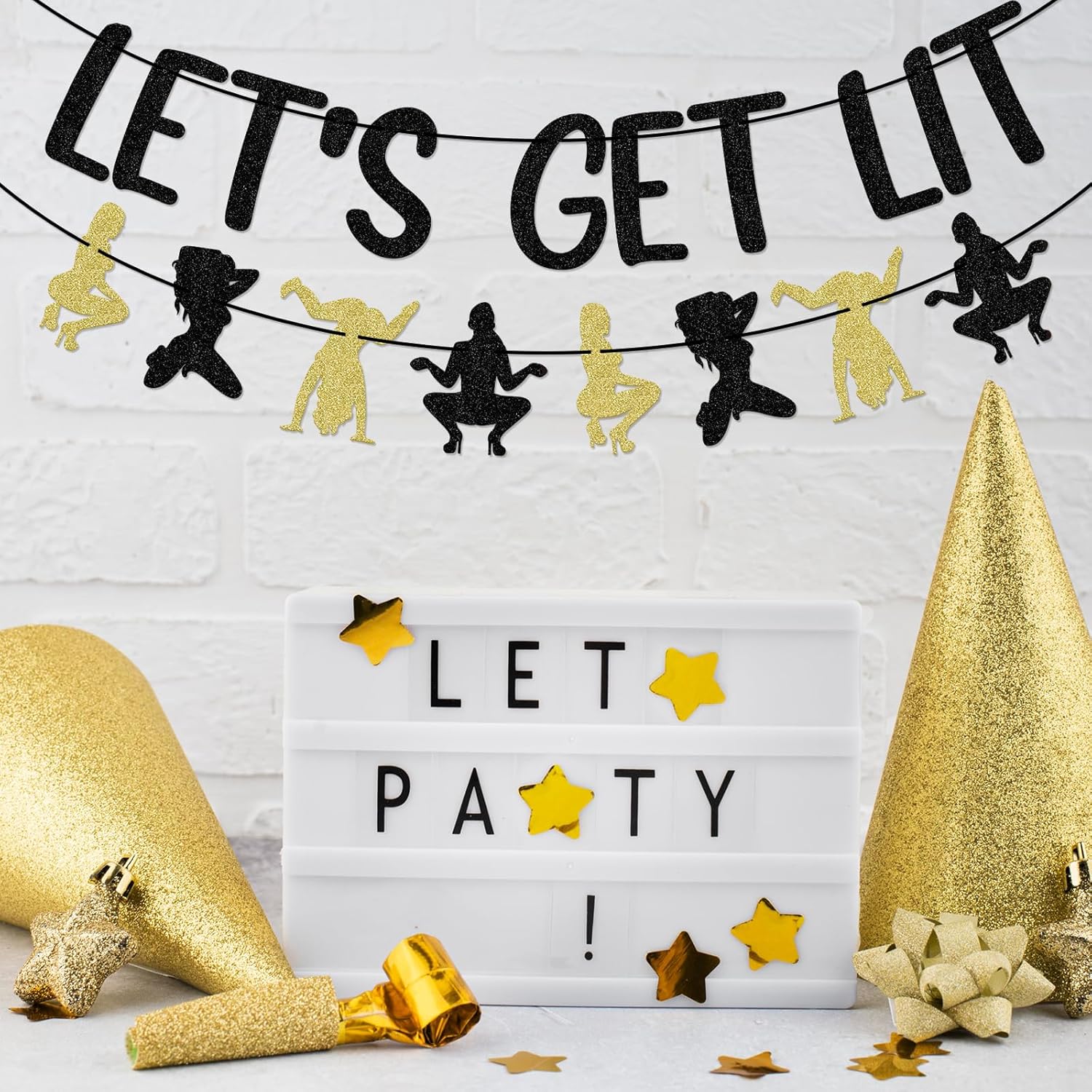 Lets Get Lit Black Gold Glitter Banner