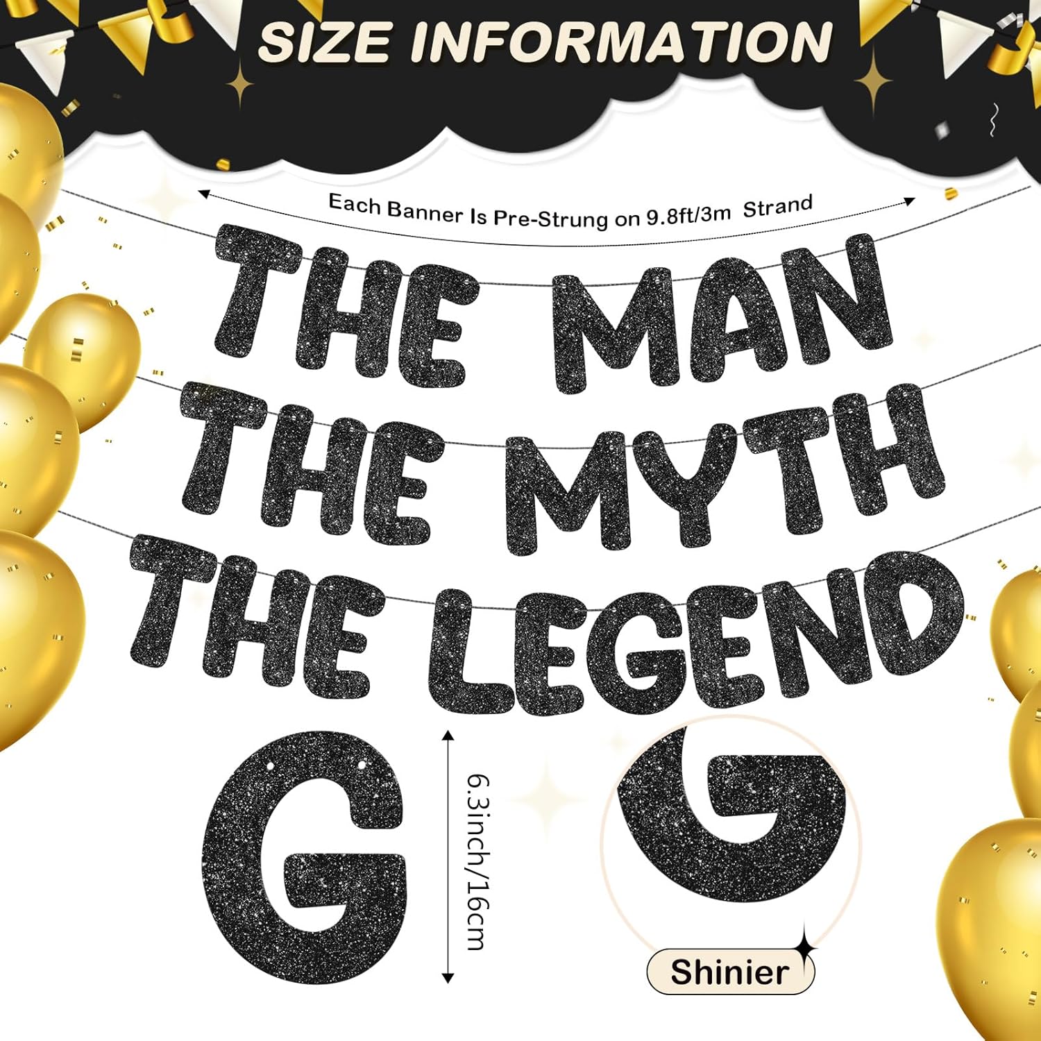 Pre Strung Man The Myth The Legend Glitter Banner 98ft Black