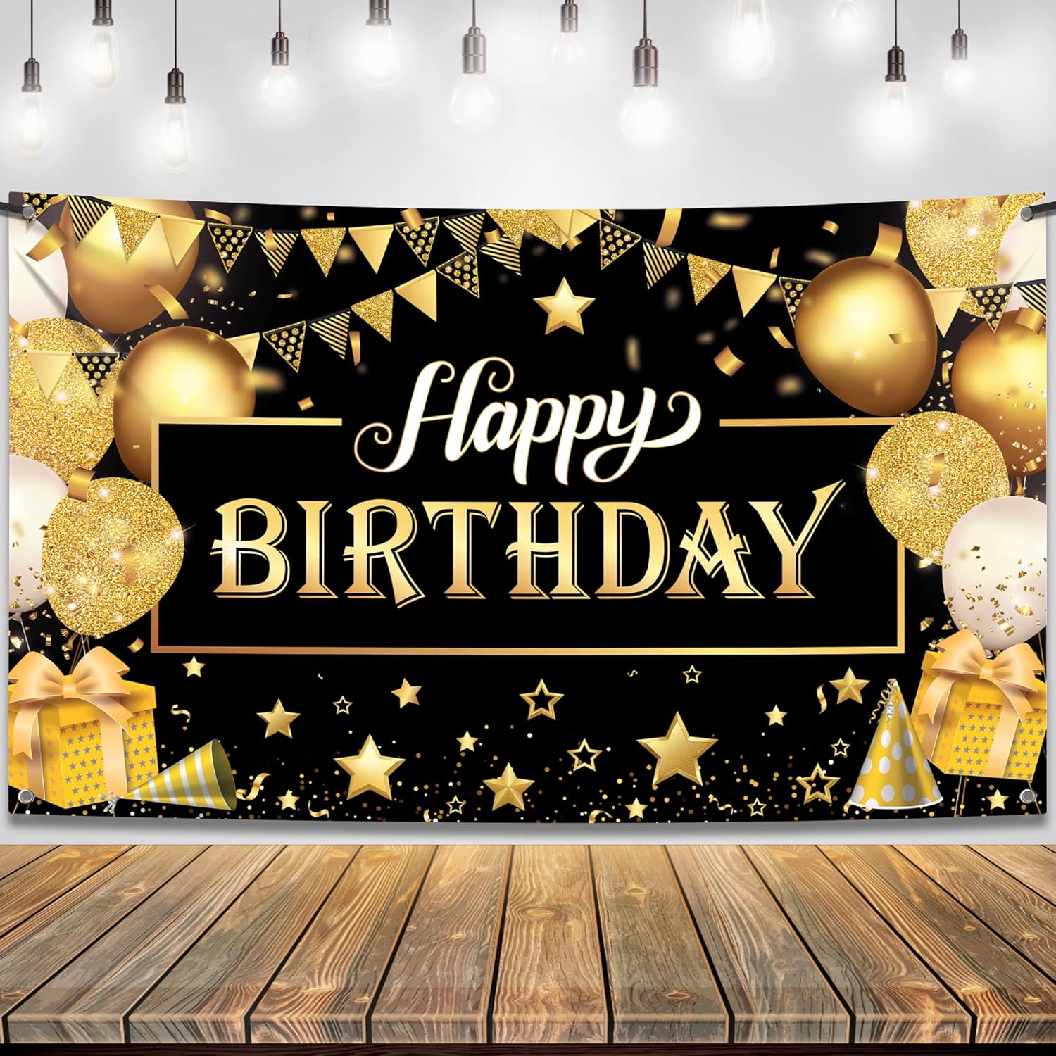 KatchOn Happy Birthday Banner Black and Gold Large 72x44 Inch