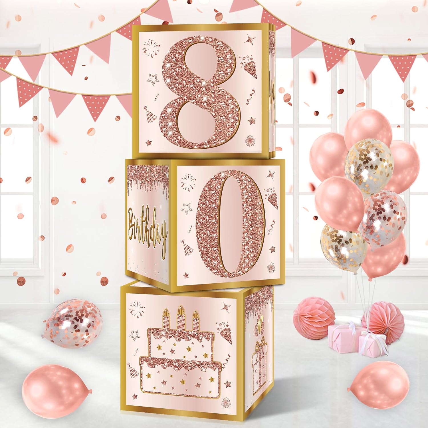 3Pcs Pink Rose Gold 80th Birthday Balloon Boxes Party Decor
