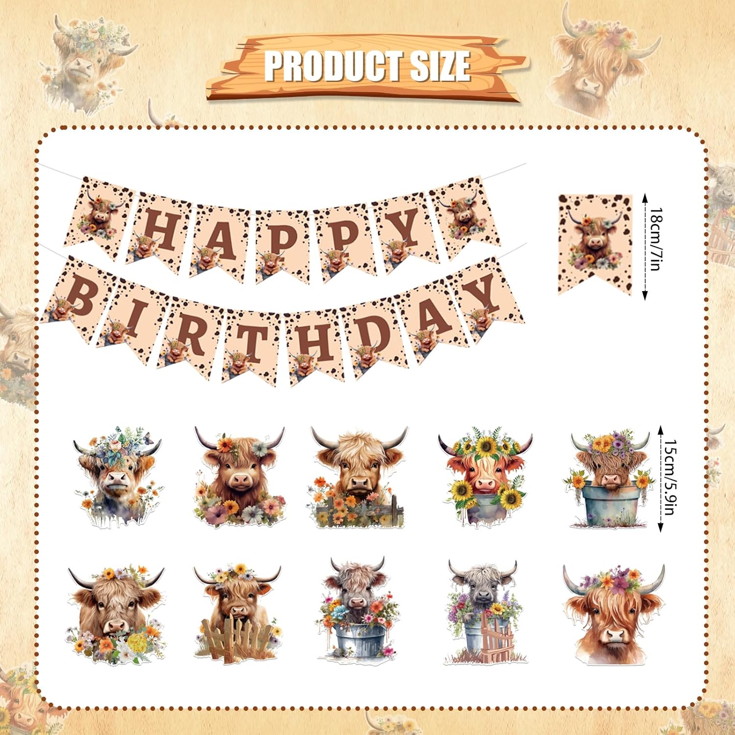 Highland Cow Birthday Decorations 16PCS Banners Hanging Swirls