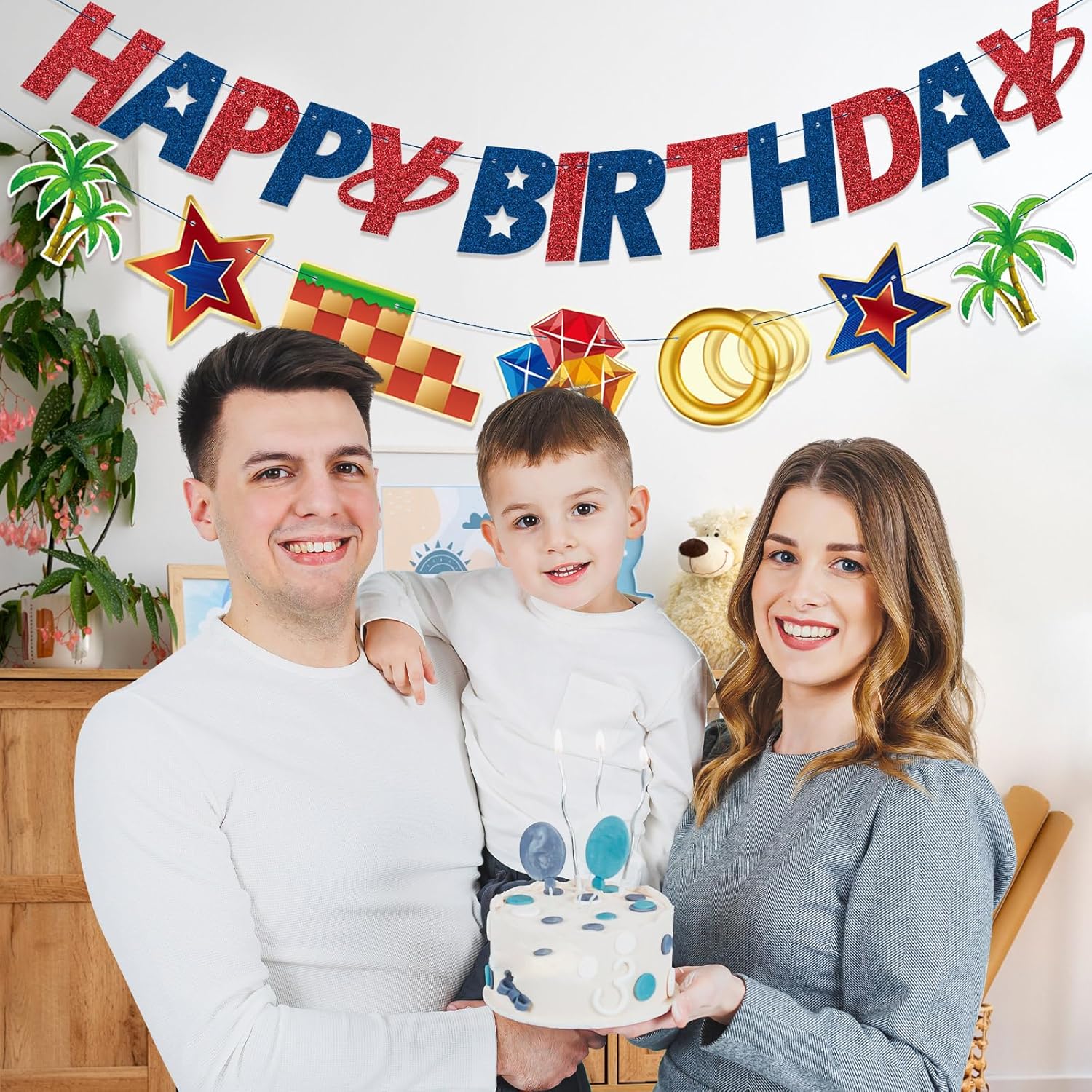 Blue Hedgehog Happy Birthday Banner for Boys