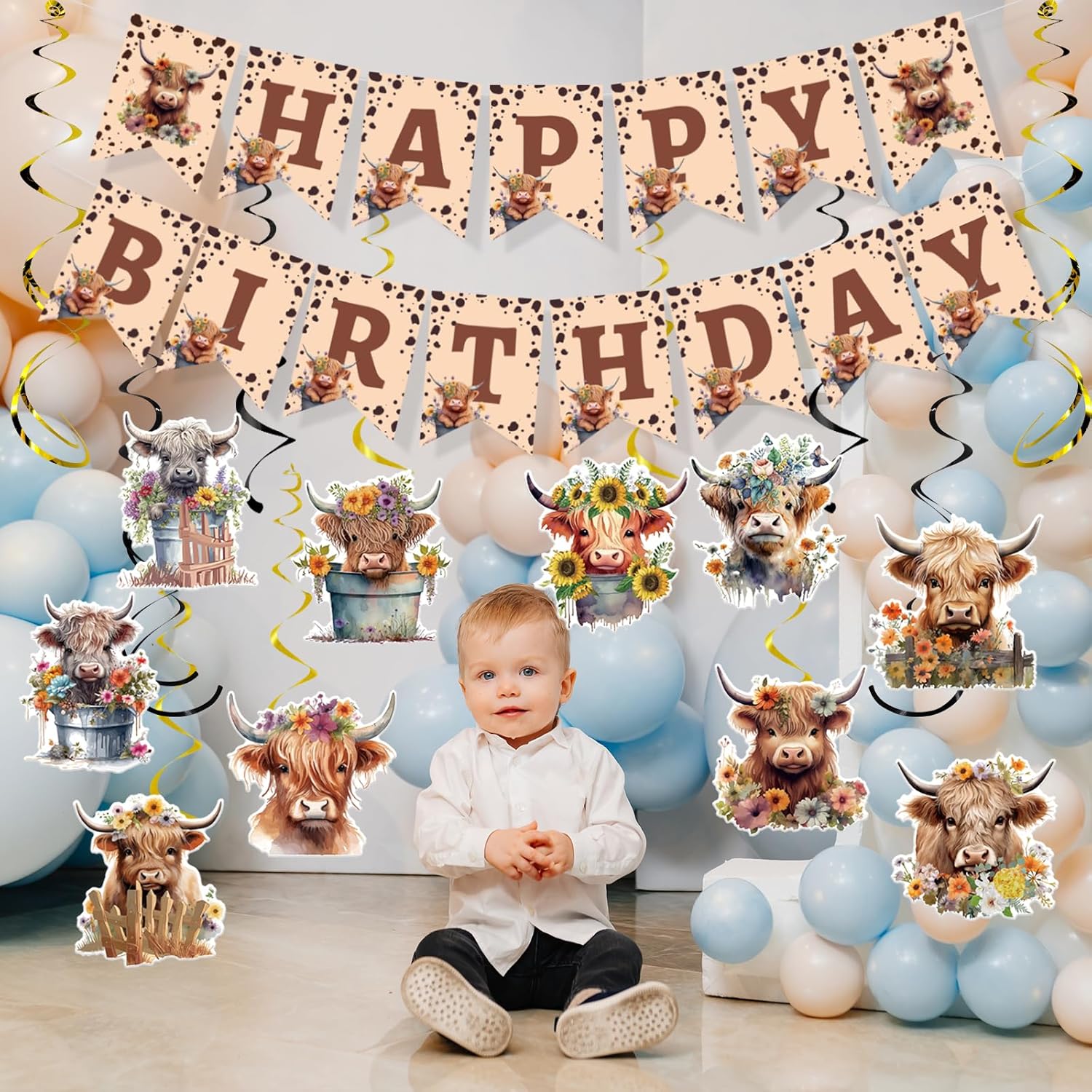 Highland Cow Birthday Decorations 16PCS Banners Hanging Swirls