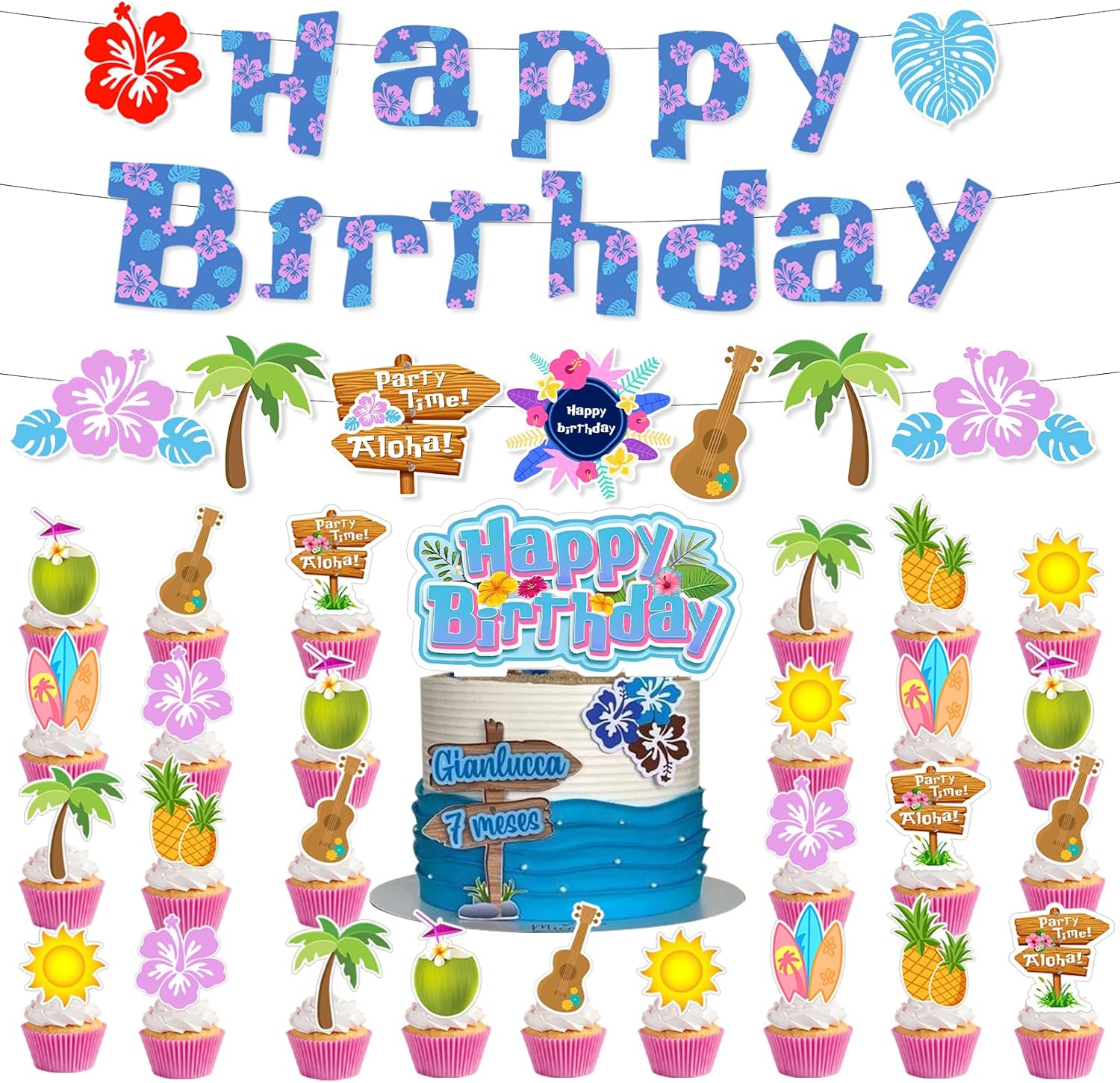 Hawaii Party Decor Kit with Birthday Banners and Cupcake Toppers