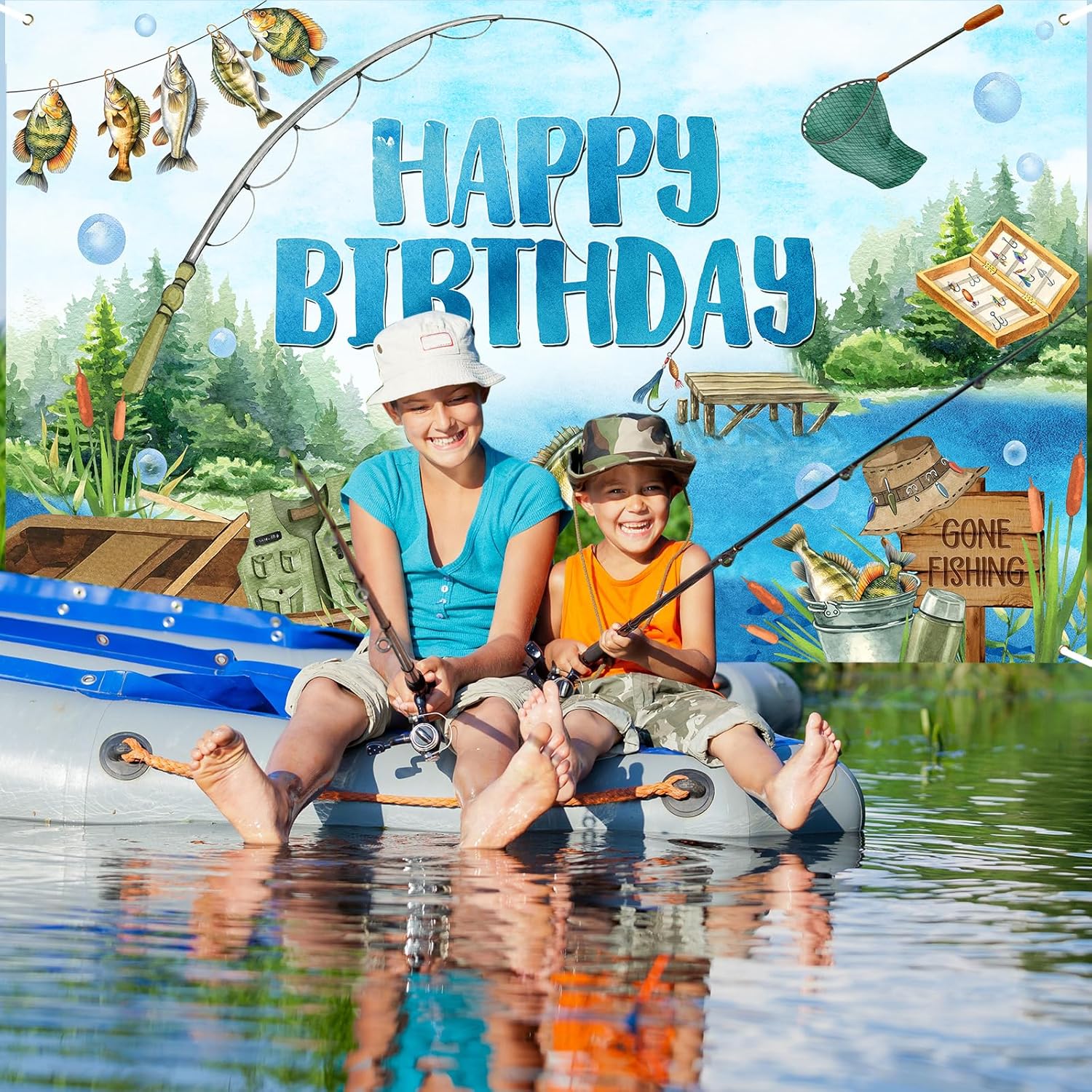 Avezano Gone Fishing Happy Birthday Banner 6x36ft