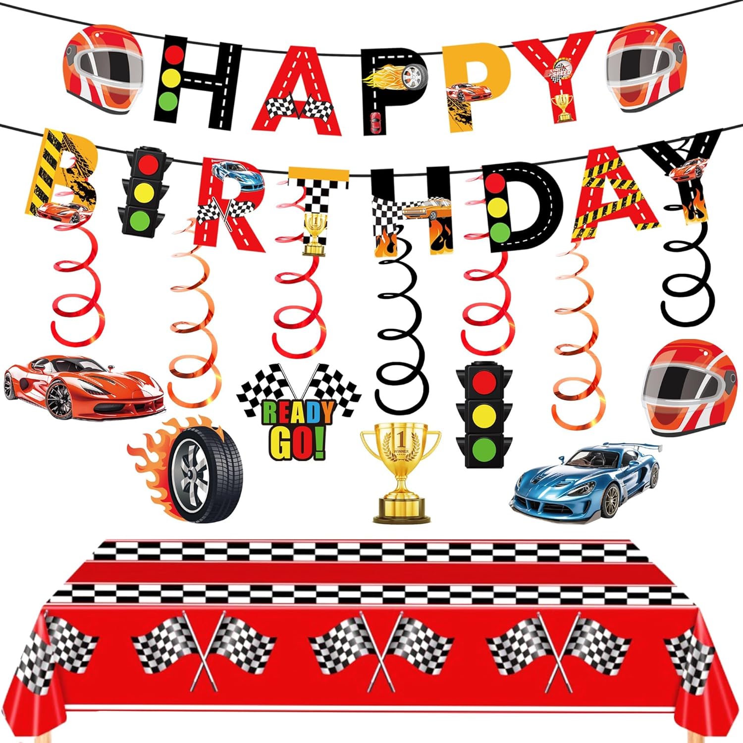 Race Car Birthday Decorations Set with Banner and Tablecloth