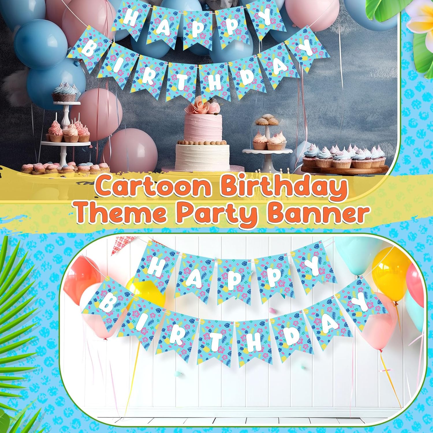 TaoBary Blue Cartoon Happy Birthday Banner