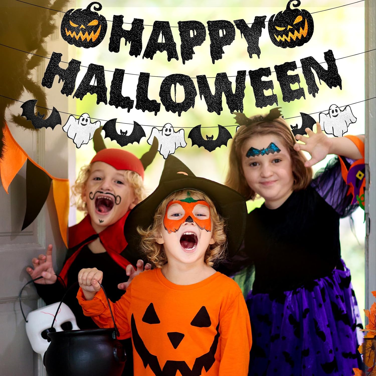 Black Glitter Happy Halloween Banner with Pumpkin Ghost Bat