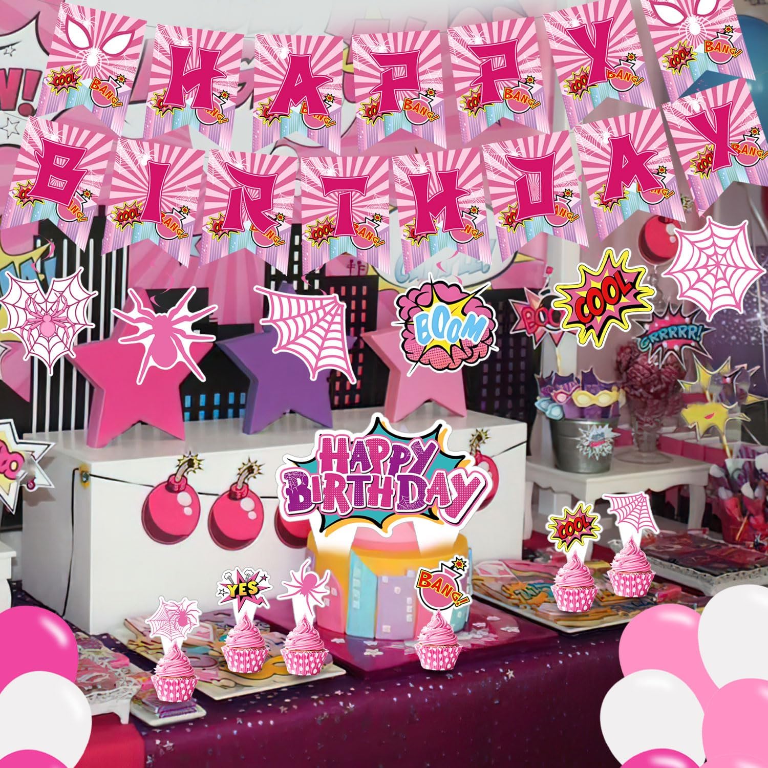 Pink Spider Birthday Party Decorations Set