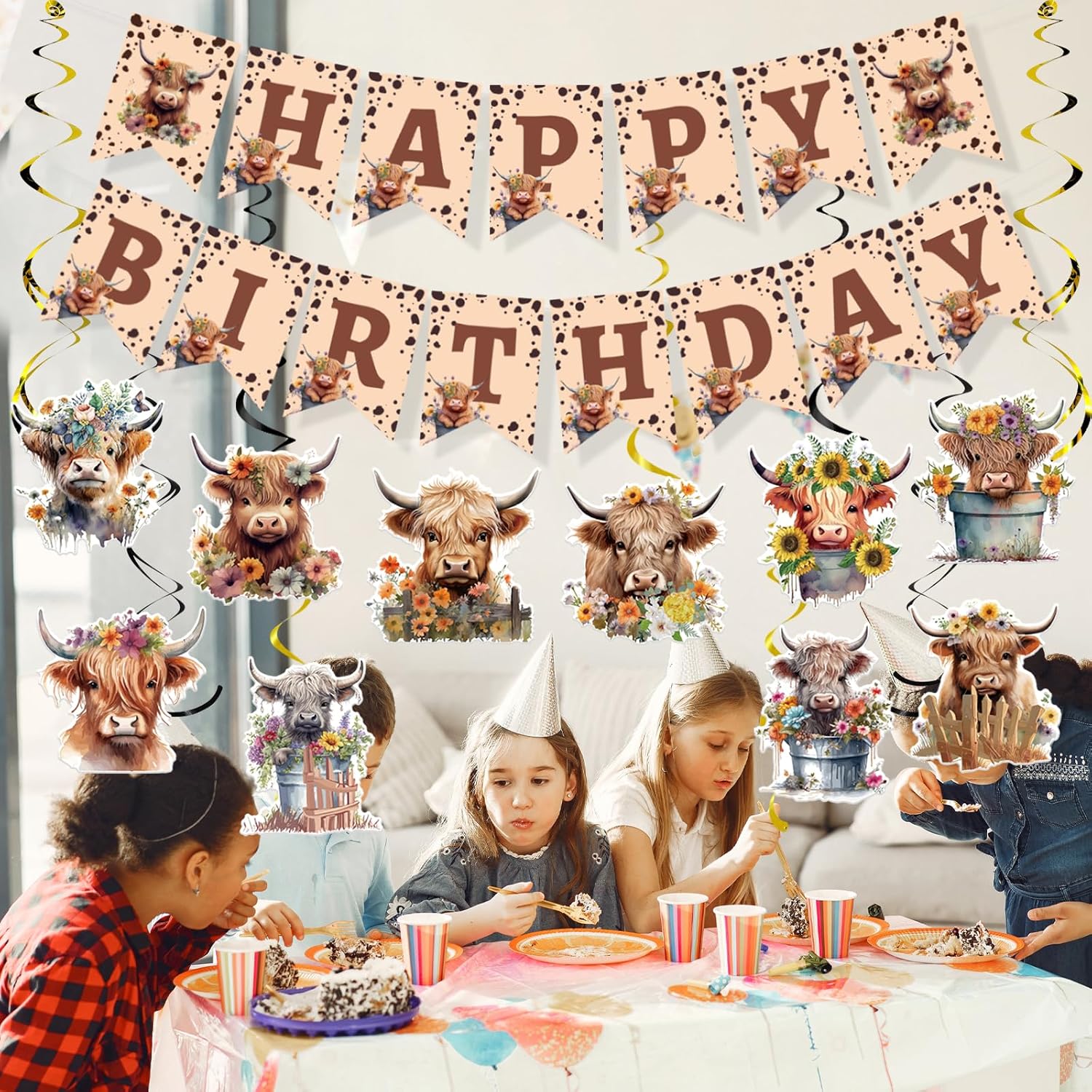 Highland Cow Birthday Decorations 16PCS Banners Hanging Swirls