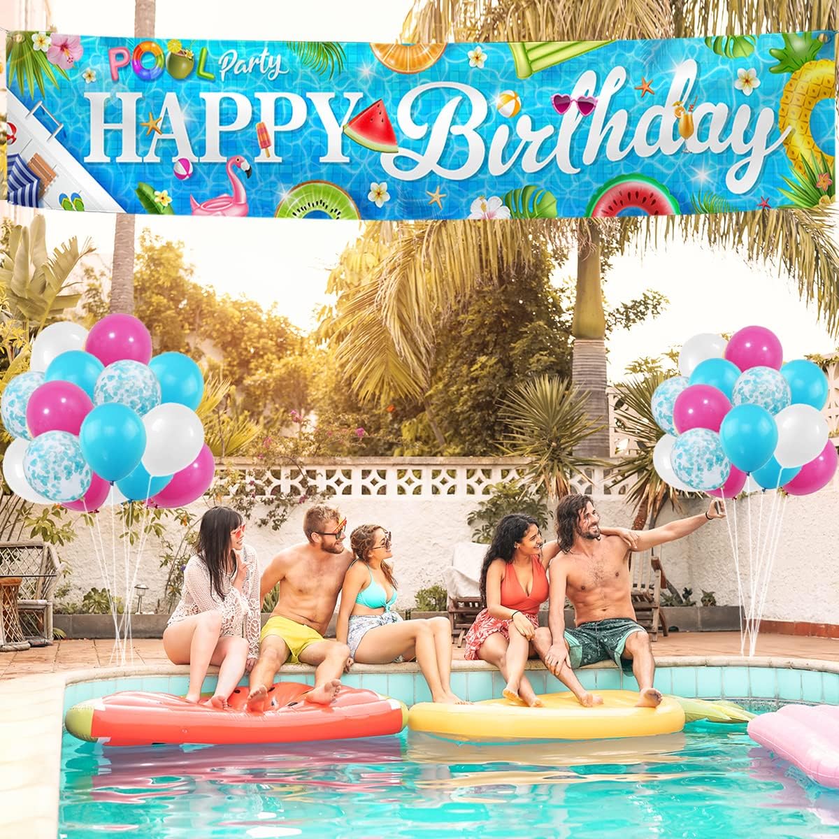 Hakoti Hawaiian Birthday Pool Banner with 30 Balloons