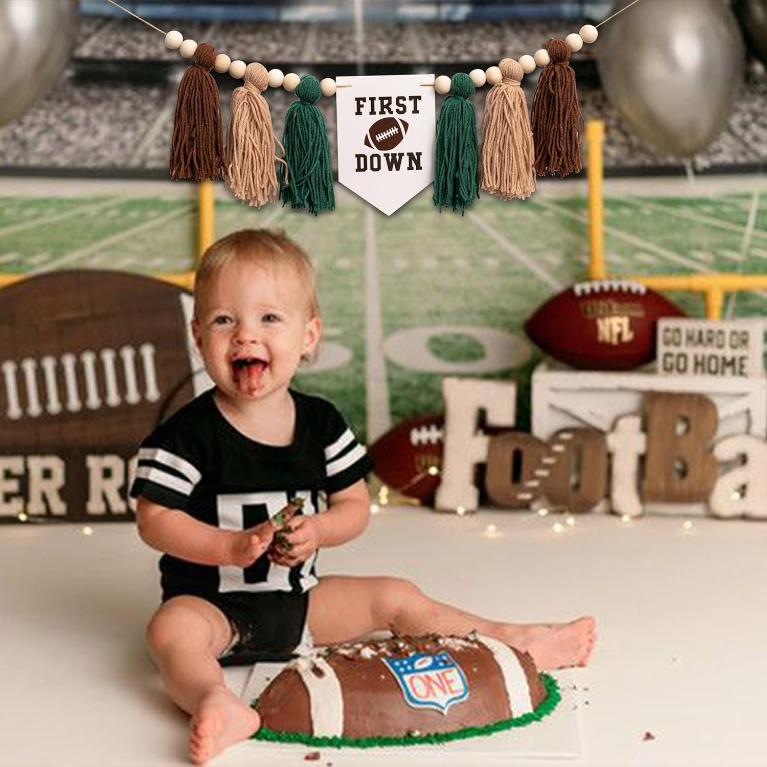 Football Highchair Birthday Banner with Tassels - Green