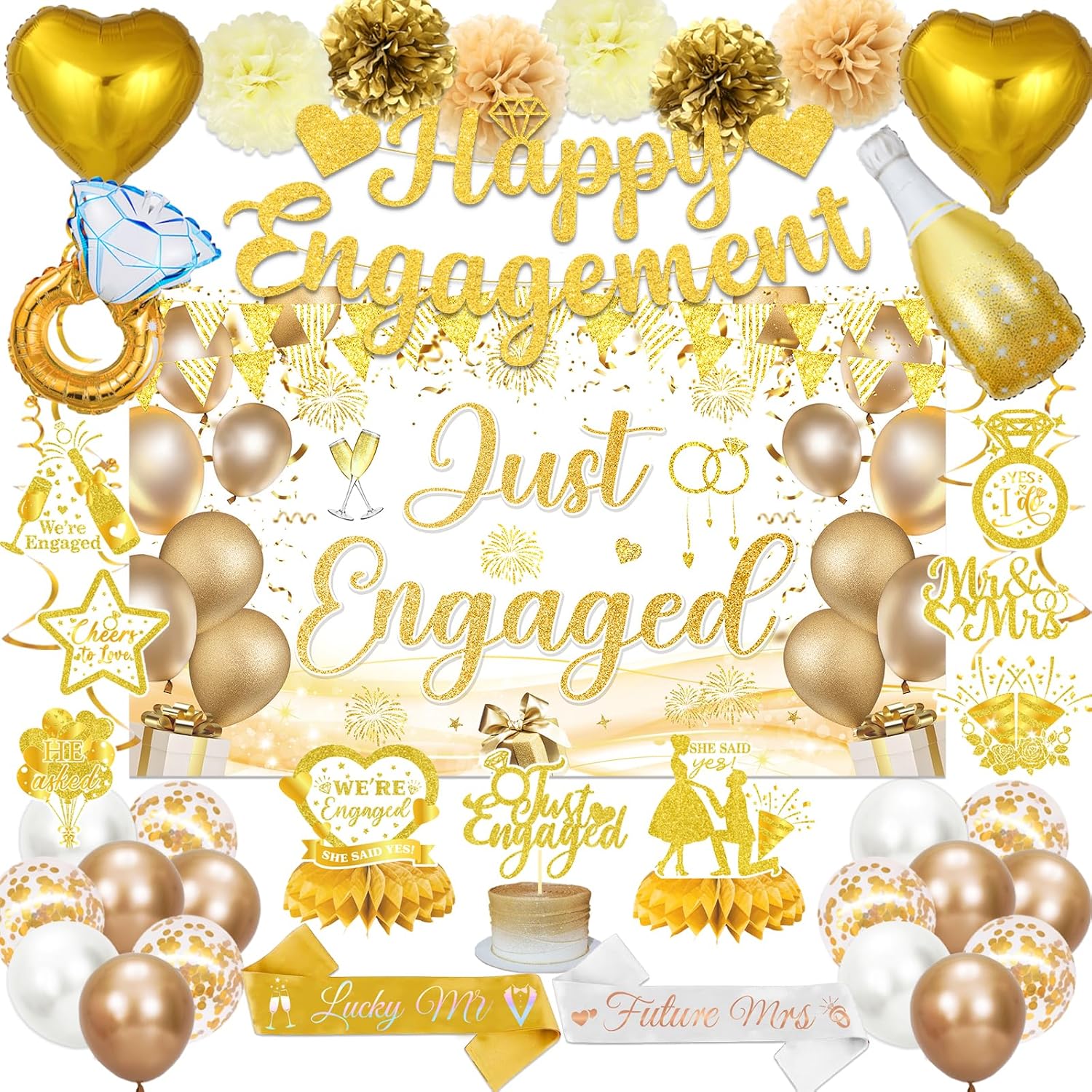 Gold Engagement Party Decorations Set with Balloons and Swirls