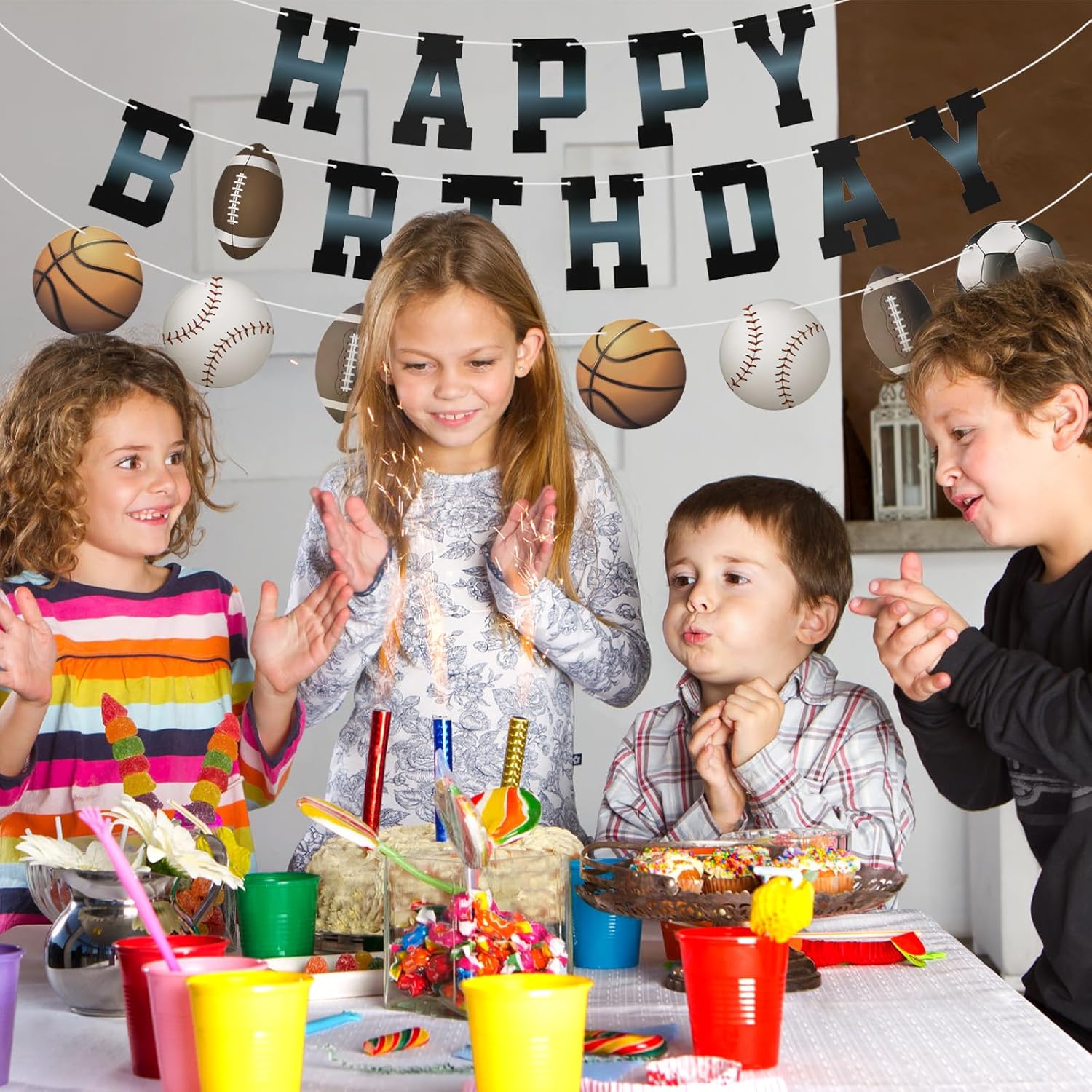 Sports Birthday Banner with Happy Birthday Flags and Balls