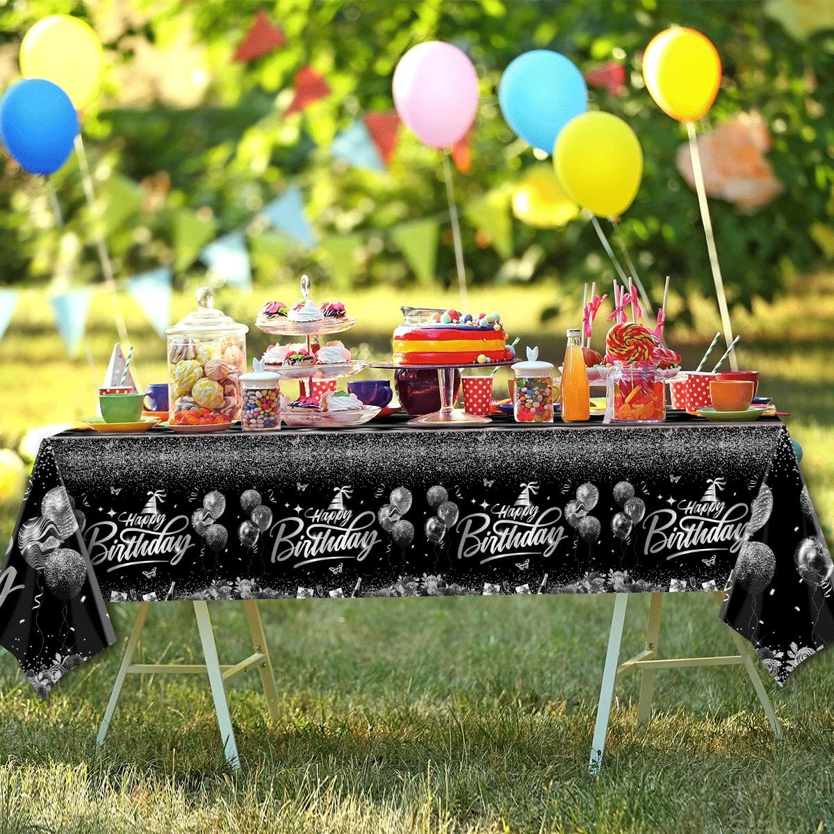Happy Birthday Decorations 3pcs Silver Black Tablecloth