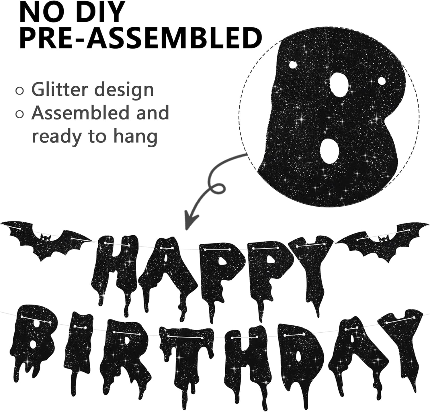 Glitter Black Halloween Birthday Party Banner Decorations