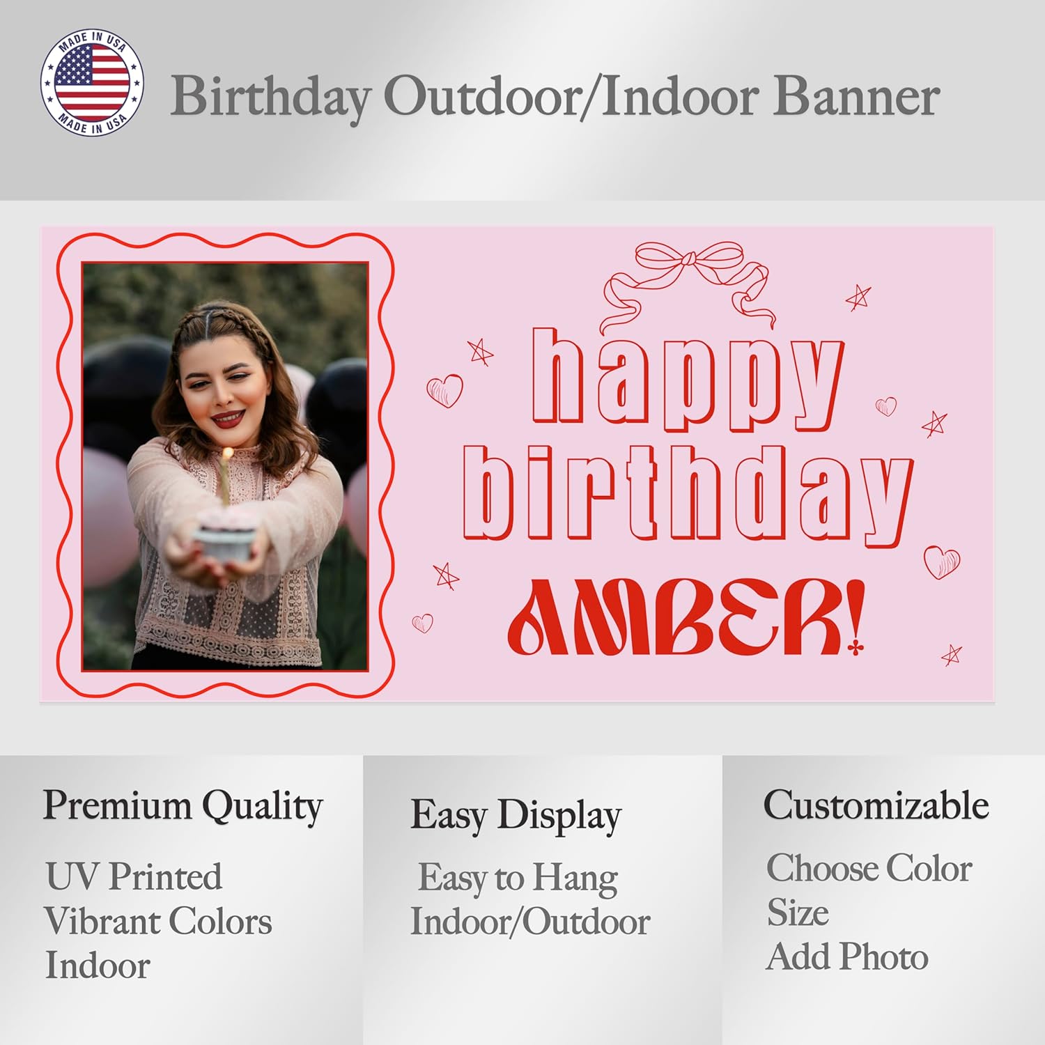 Customized Photo Name Birthday Banner - Pink Red