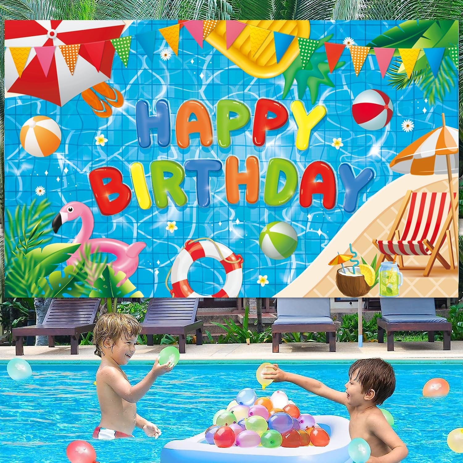 Pool Party Birthday Banner Backdrop Decorations