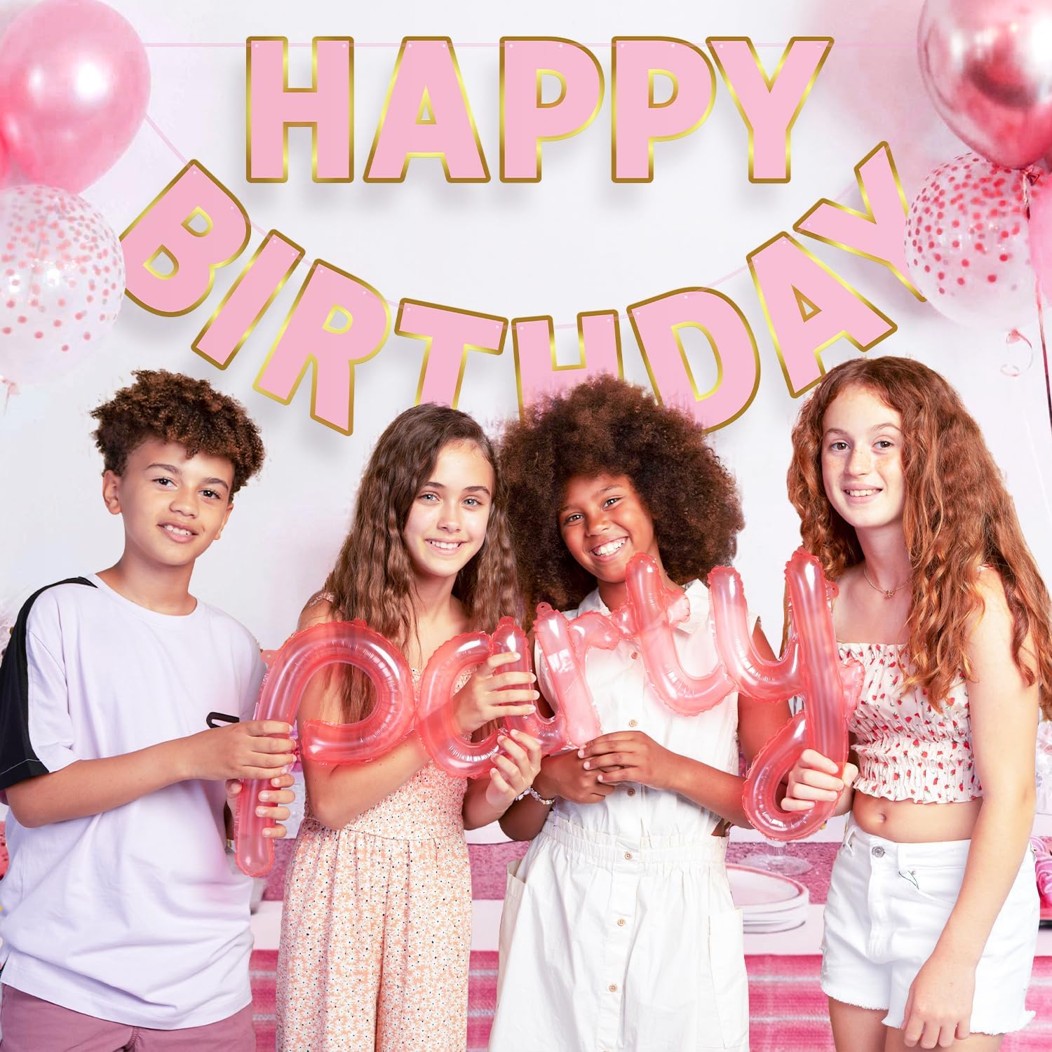 Happy Birthday Banner 9ft Pink Gold Pre-Strung Decor