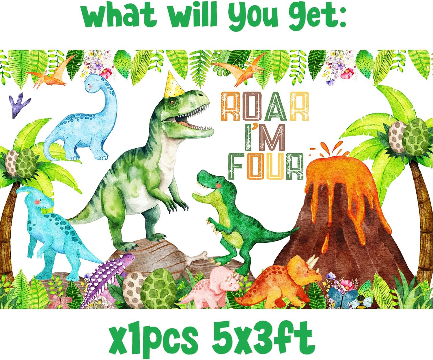 Dinosaur 4th Birthday Decorations Banner Backdrop