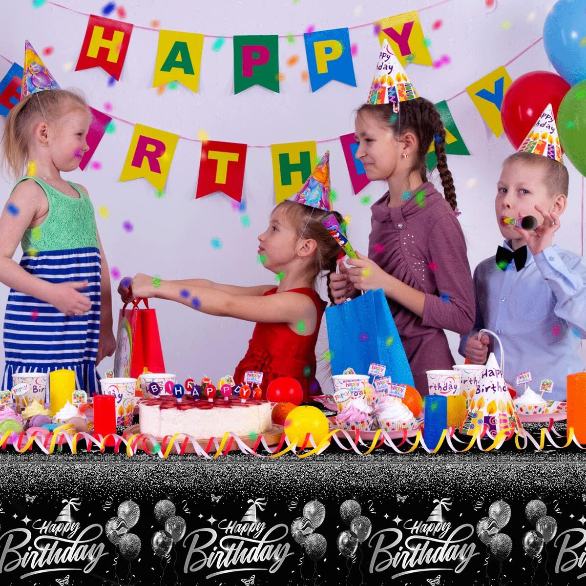 Happy Birthday Decorations 3pcs Silver Black Tablecloth
