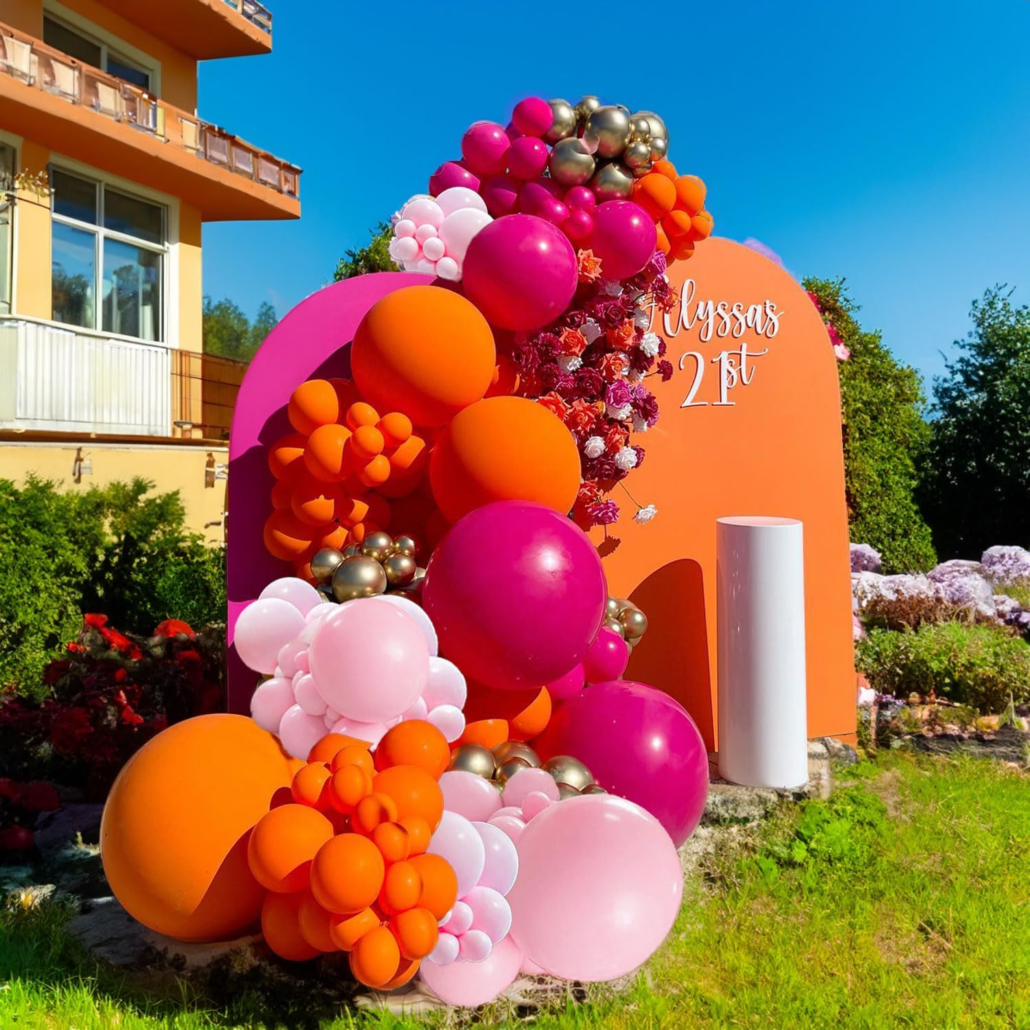 ECEAE Pink Orange Balloon Garland Kit with Hot Pink Gold Confetti Balloons