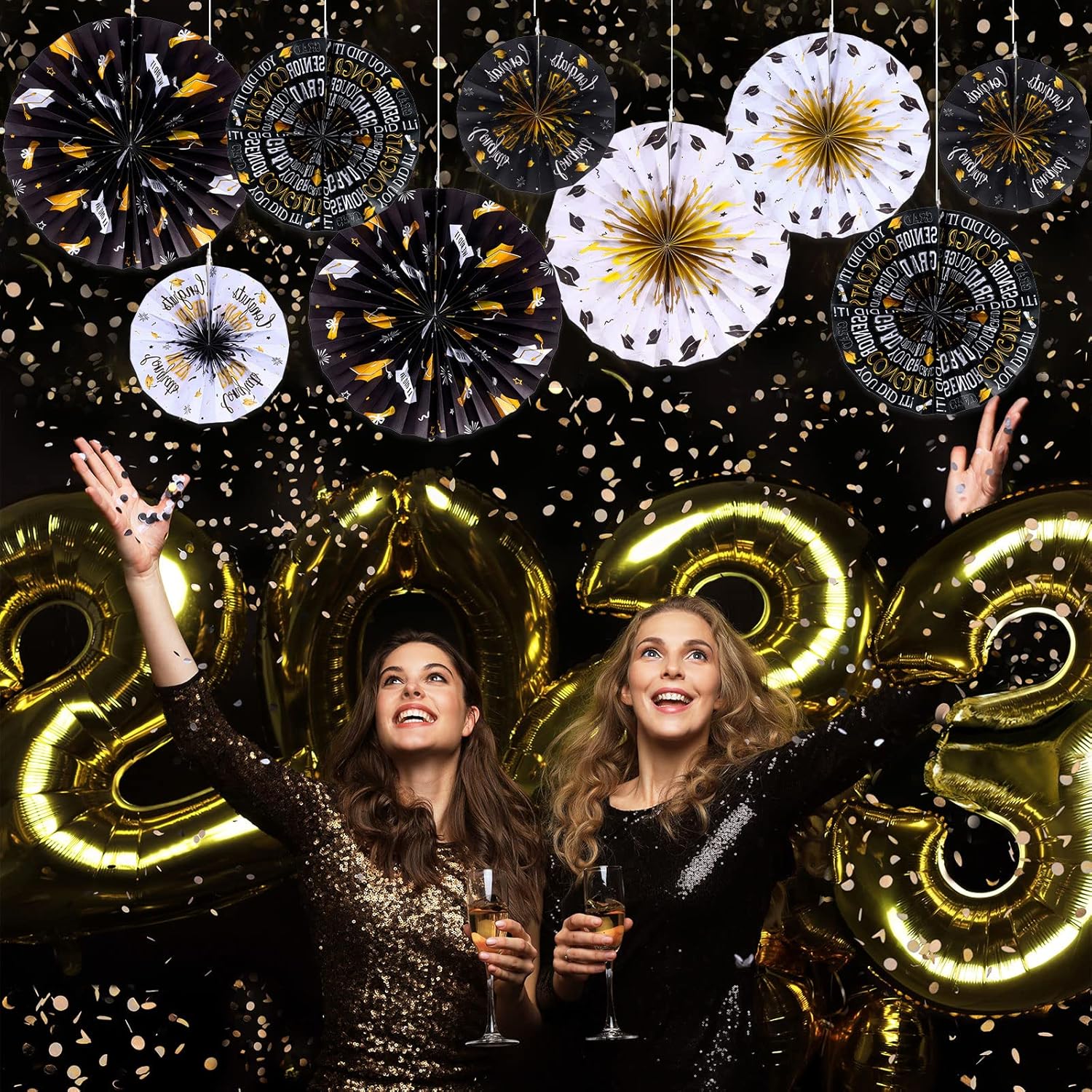 Outus 9 Pcs Graduation Party Decorations Black and Gold Fans